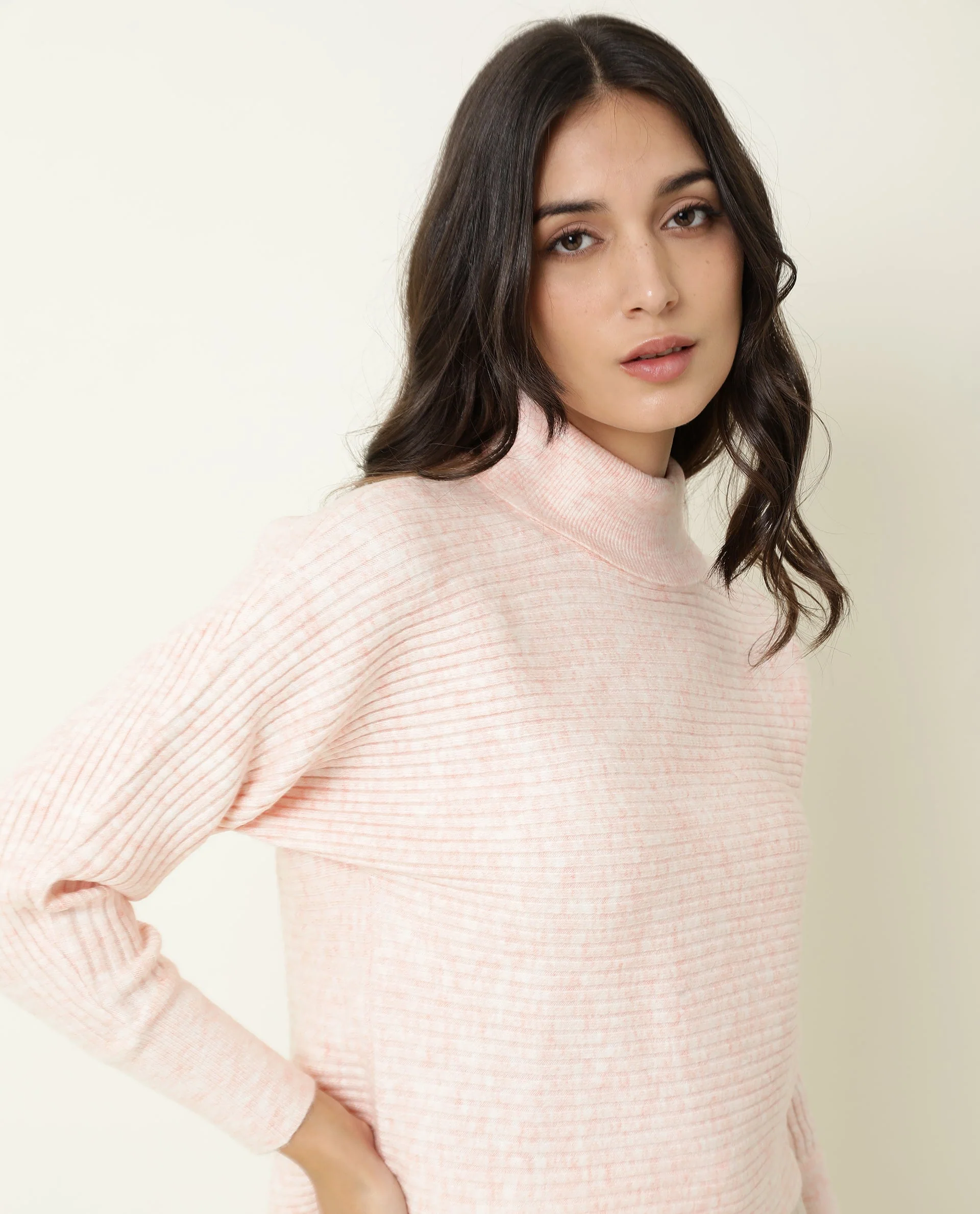 Rareism Women's Levour Pink Acrylic Turtle Neck Plain Relaxed Fit Sweater - Image 6