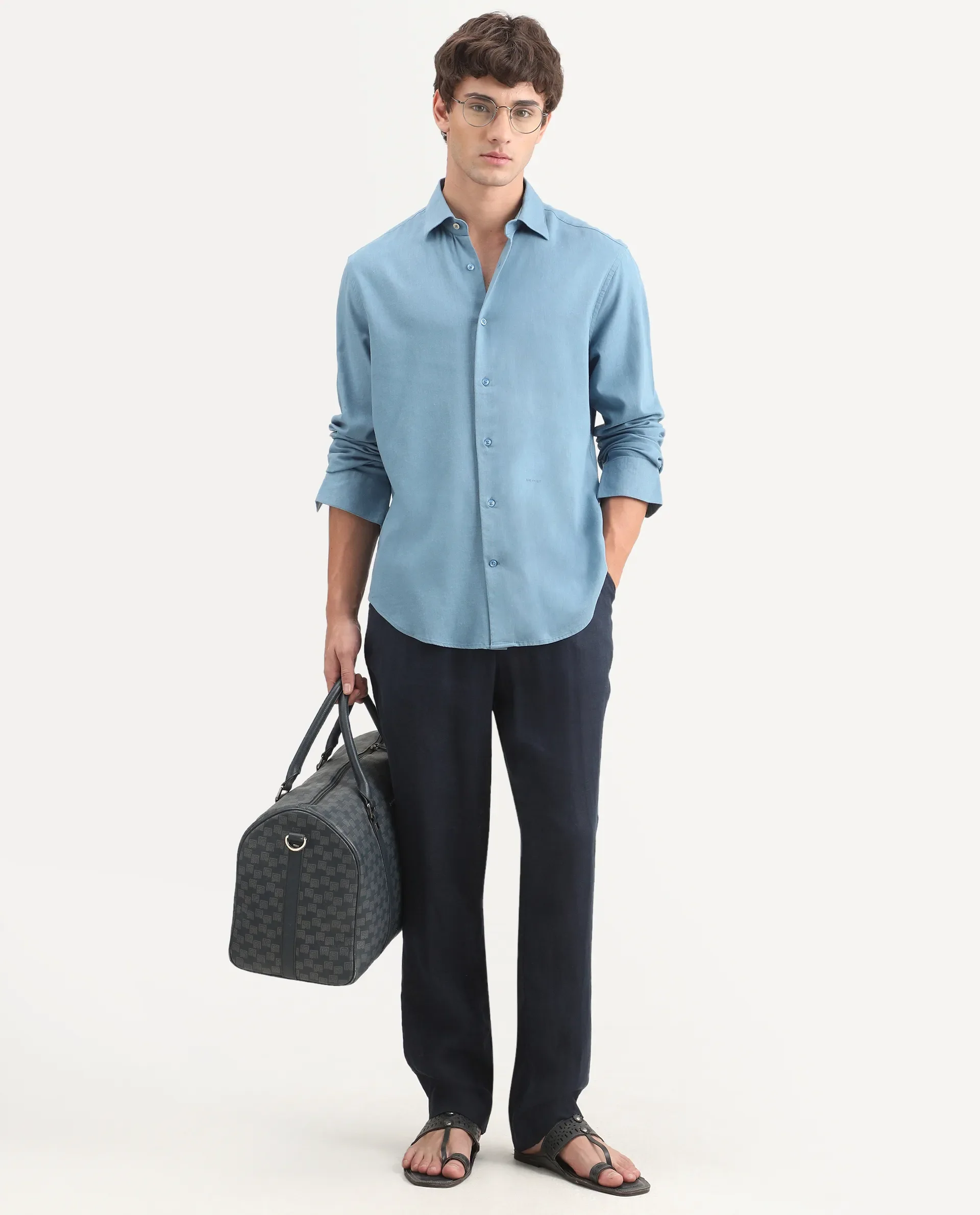 Rare Rabbit Men's Lewan-Ls Primary Blue Linen Blend Spread Collar Regular Plain Shirt - Image 2
