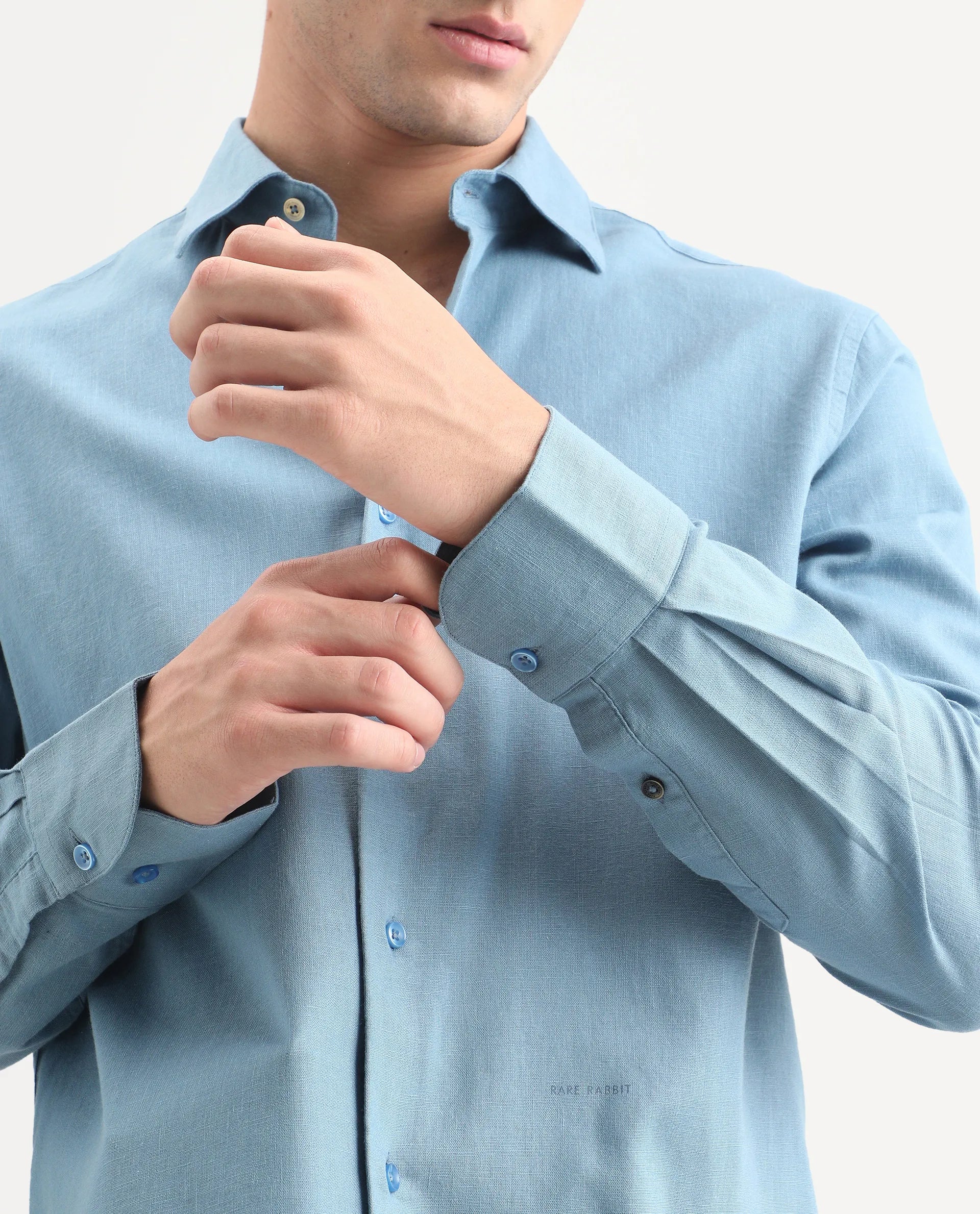 Rare Rabbit Men's Lewan-Ls Primary Blue Linen Blend Spread Collar Regular Plain Shirt - Image 4