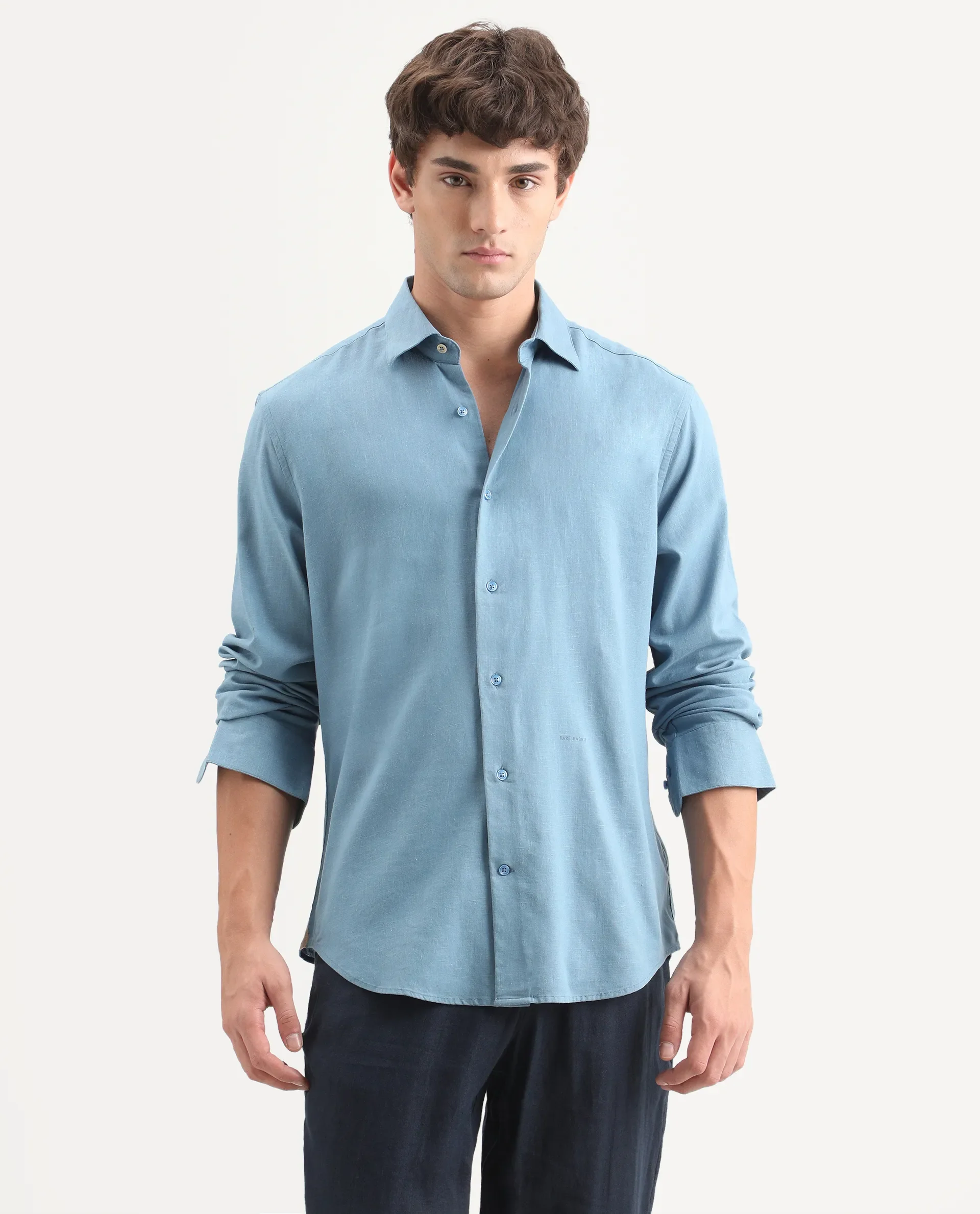 Rare Rabbit Men's Lewan-Ls Primary Blue Linen Blend Spread Collar Regular Plain Shirt - Image 5