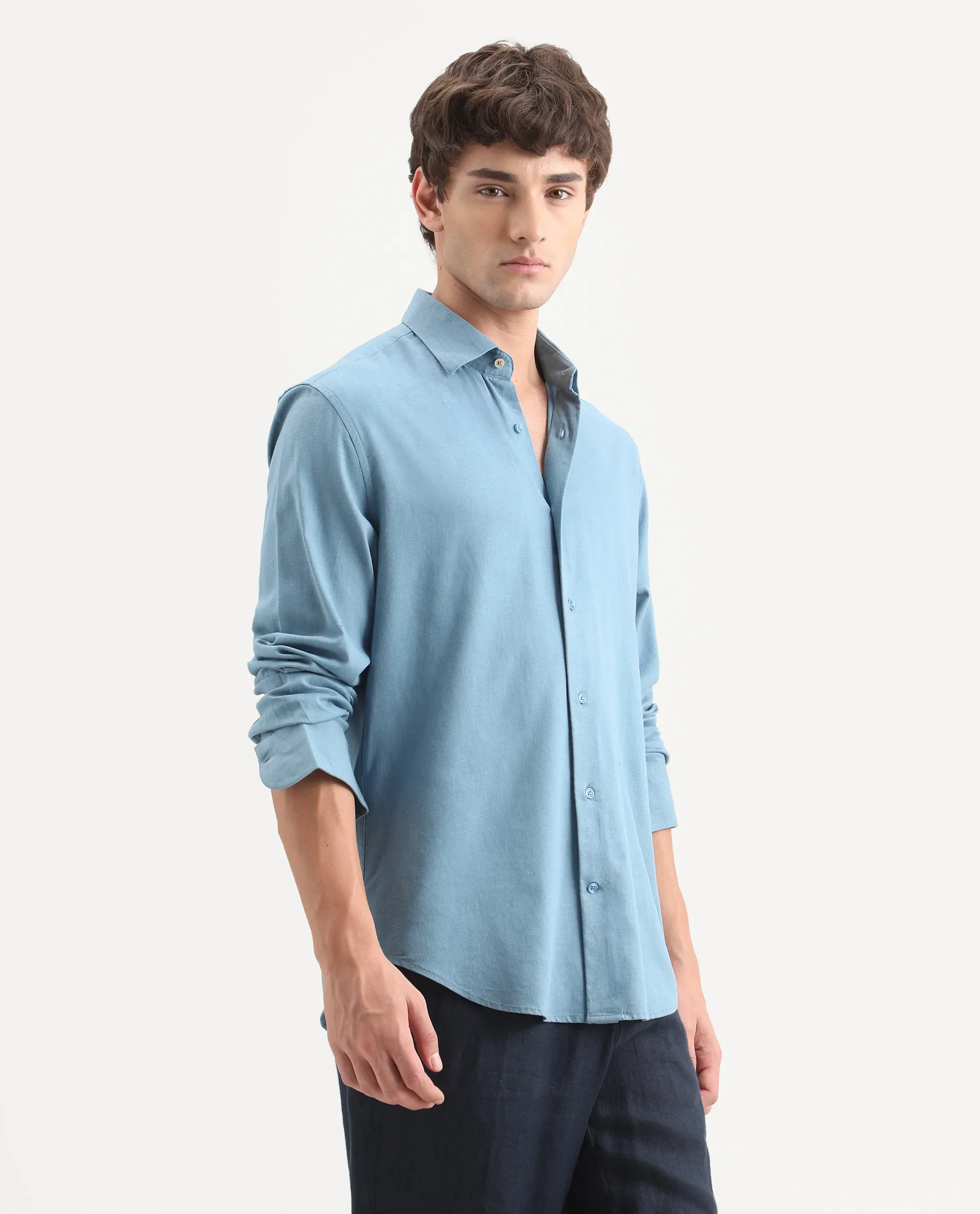 Rare Rabbit Men's Lewan-Ls Primary Blue Linen Blend Spread Collar Regular Plain Shirt - Image 6