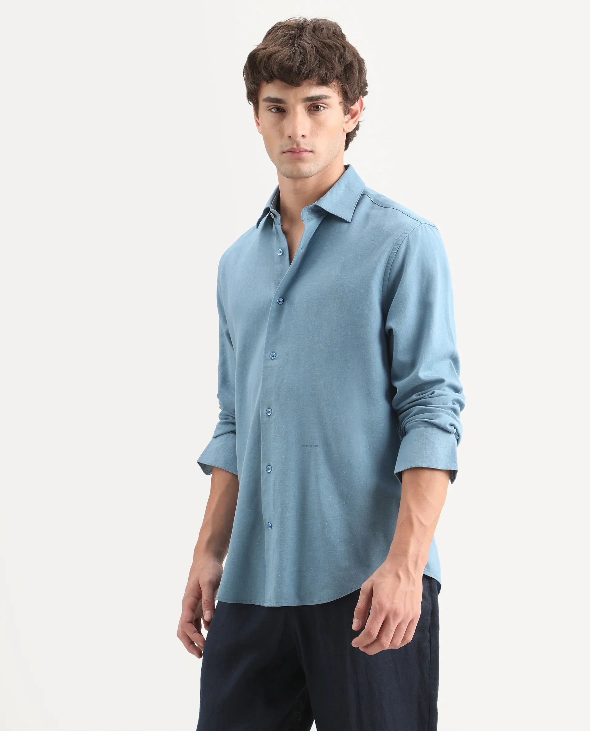 Rare Rabbit Men's Lewan-Ls Primary Blue Linen Blend Spread Collar Regular Plain Shirt - Image 7