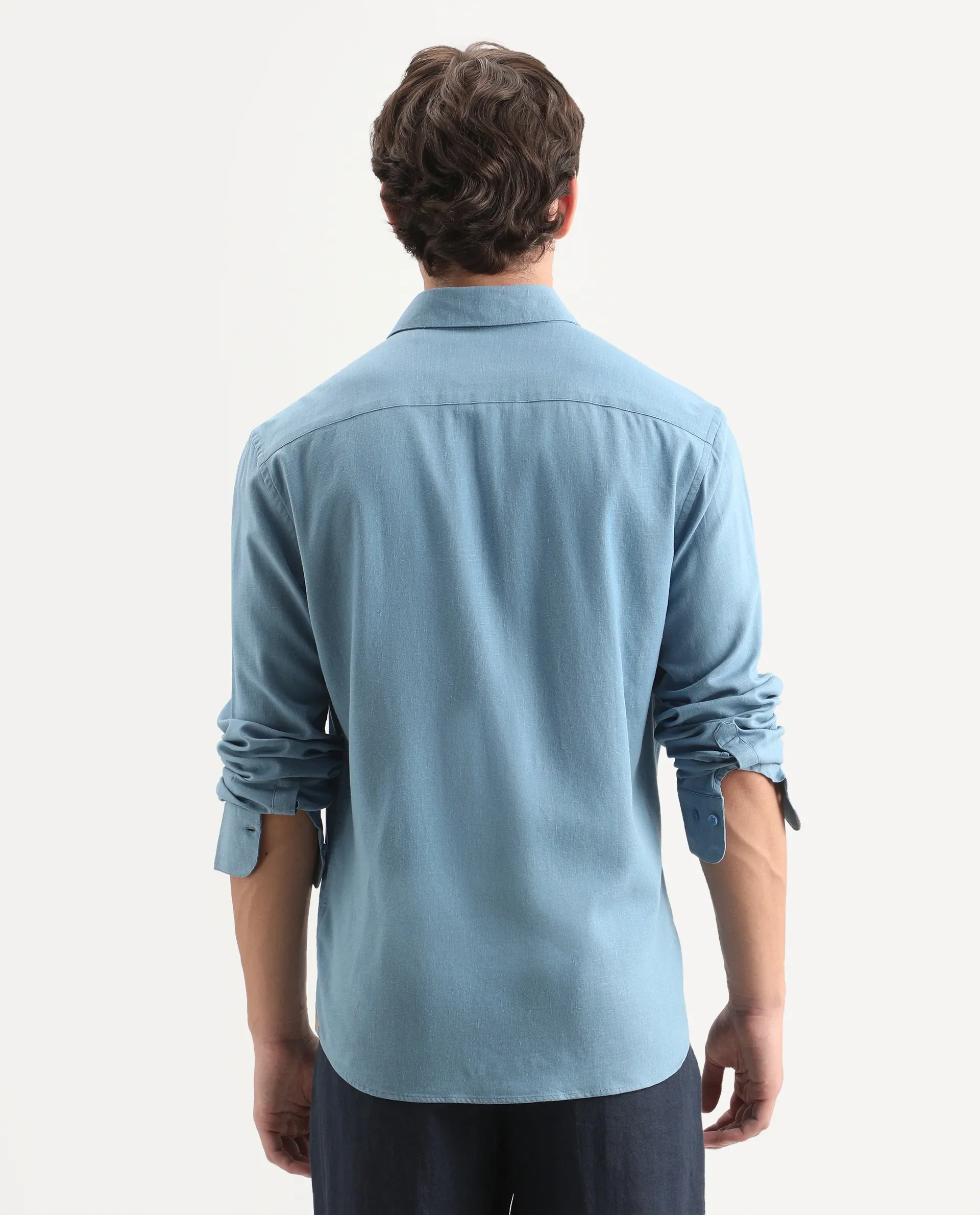 Rare Rabbit Men's Lewan-Ls Primary Blue Linen Blend Spread Collar Regular Plain Shirt - Image 8