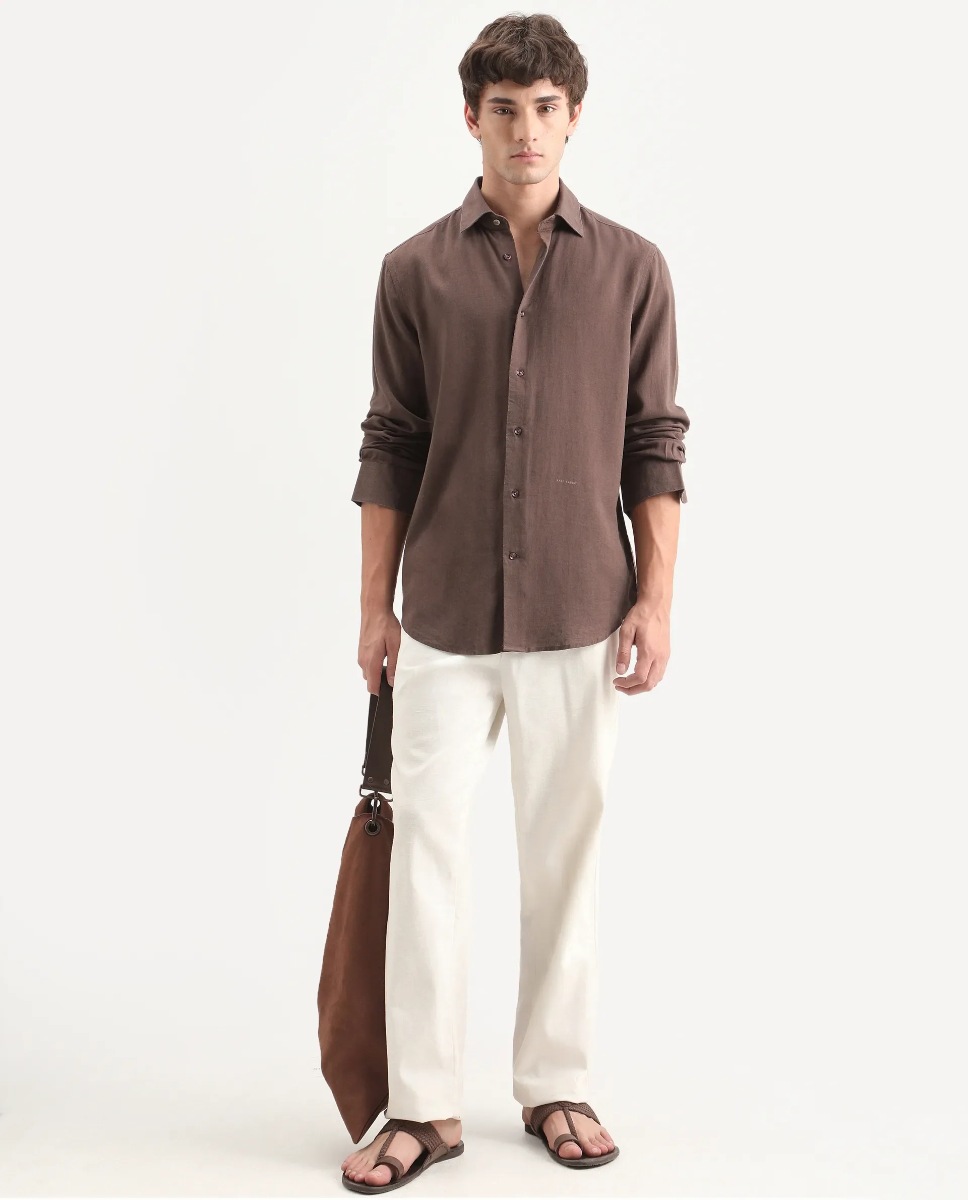 Rare Rabbit Men's Lewan-Ls Dark Brown Linen Blend Spread Collar Regular Plain Shirt - Image 2