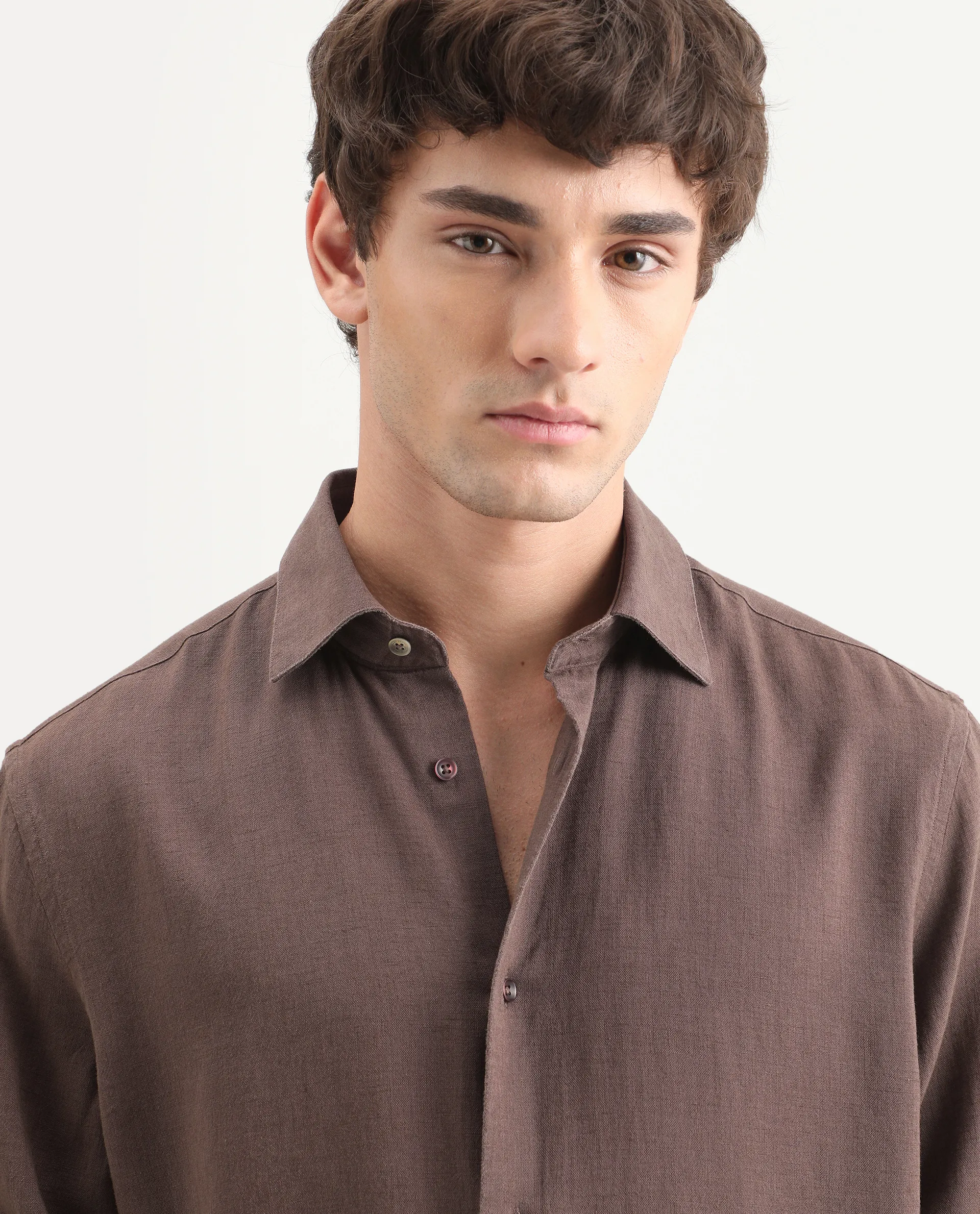 Rare Rabbit Men's Lewan-Ls Dark Brown Linen Blend Spread Collar Regular Plain Shirt - Image 3