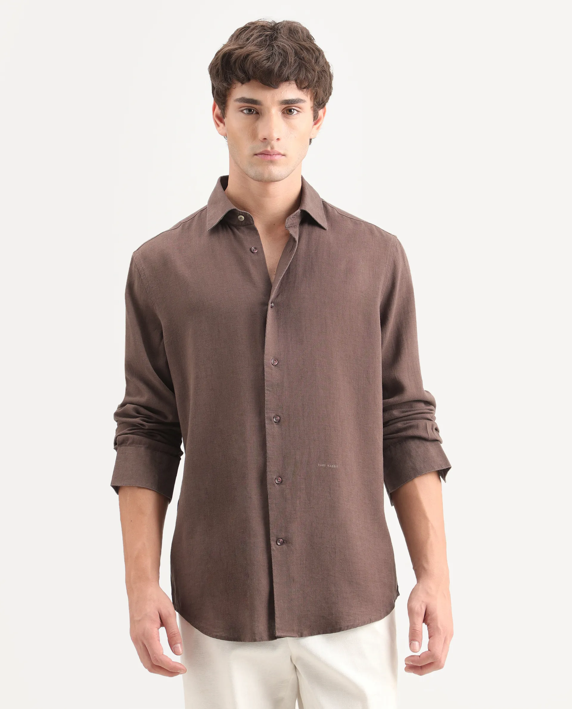 Rare Rabbit Men's Lewan-Ls Dark Brown Linen Blend Spread Collar Regular Plain Shirt - Image 5
