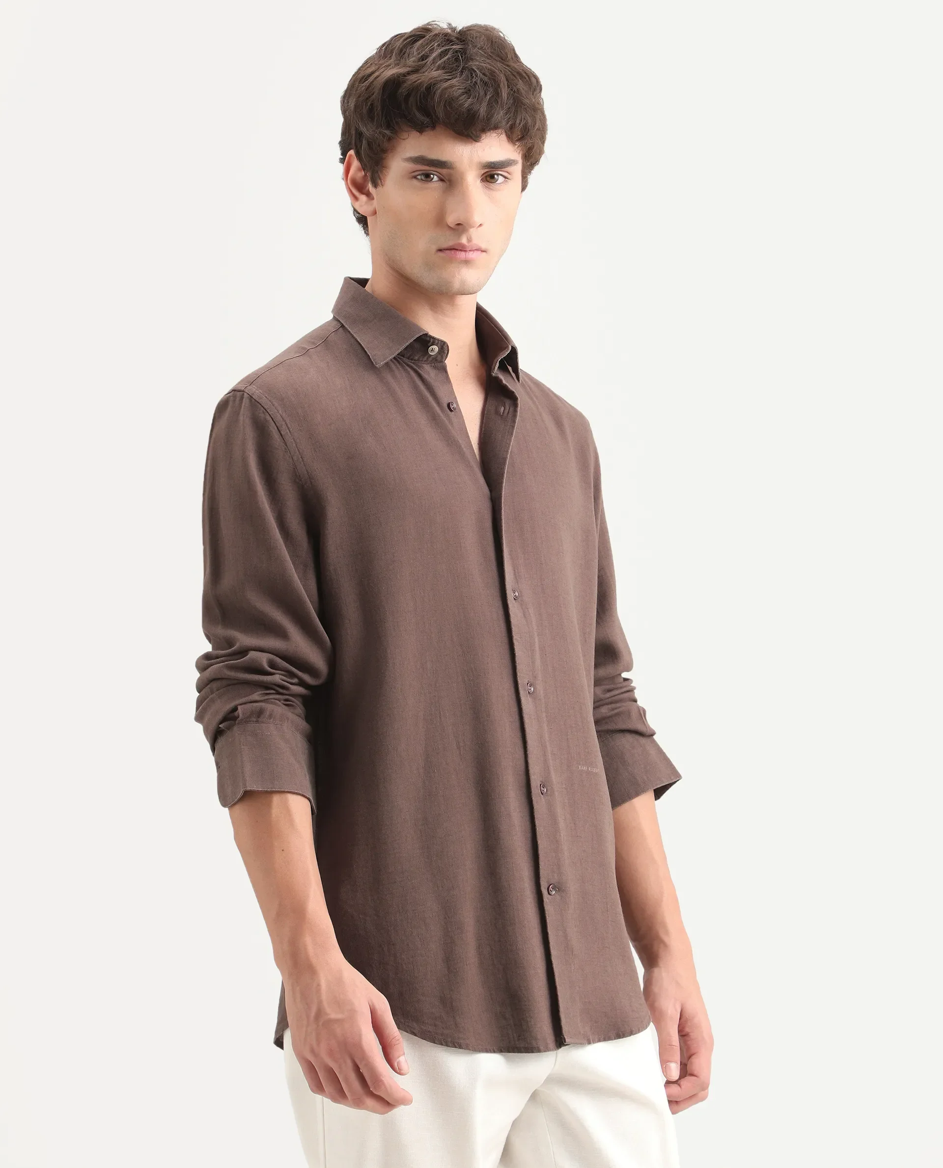 Rare Rabbit Men's Lewan-Ls Dark Brown Linen Blend Spread Collar Regular Plain Shirt - Image 6