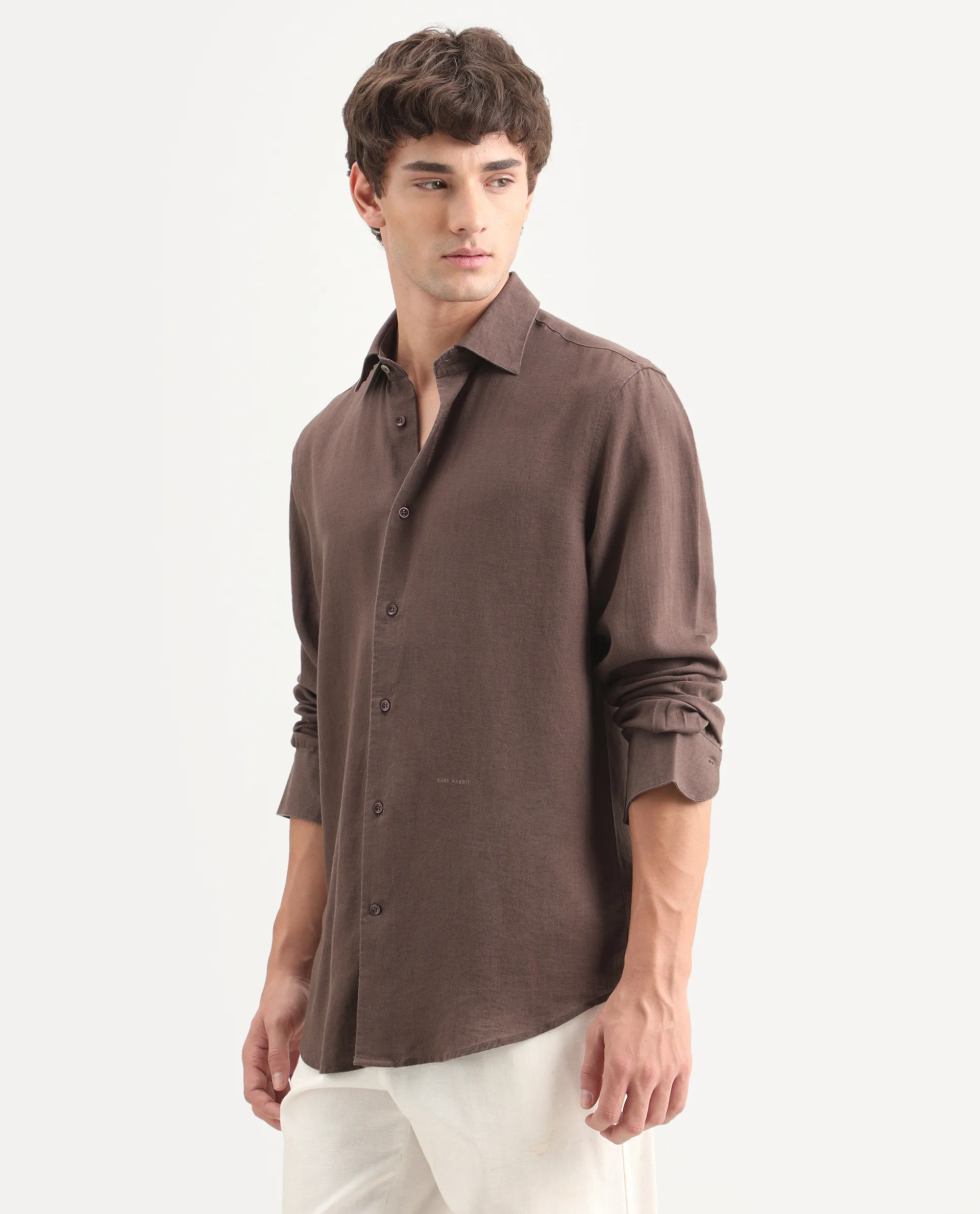 Rare Rabbit Men's Lewan-Ls Dark Brown Linen Blend Spread Collar Regular Plain Shirt - Image 7