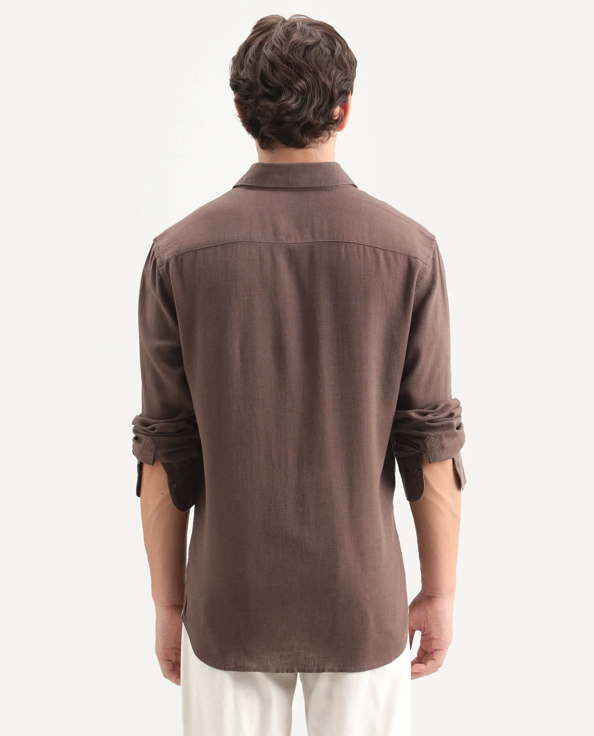 Rare Rabbit Men's Lewan-Ls Dark Brown Linen Blend Spread Collar Regular Plain Shirt - Image 8