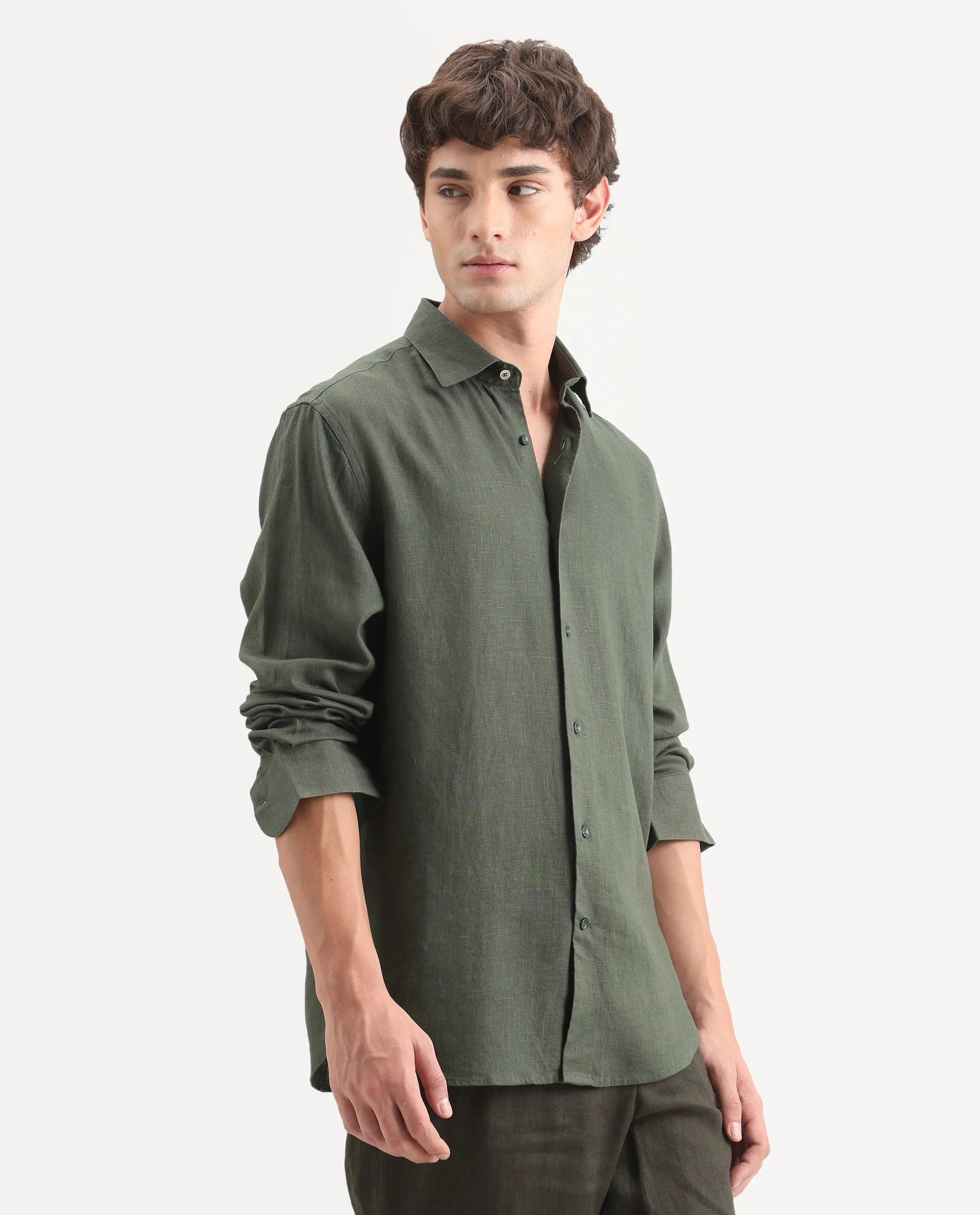 Rare Rabbit Men's Lewan-Ls Dark Green Linen Blend Spread Collar Regular Plain Shirt - Image 5