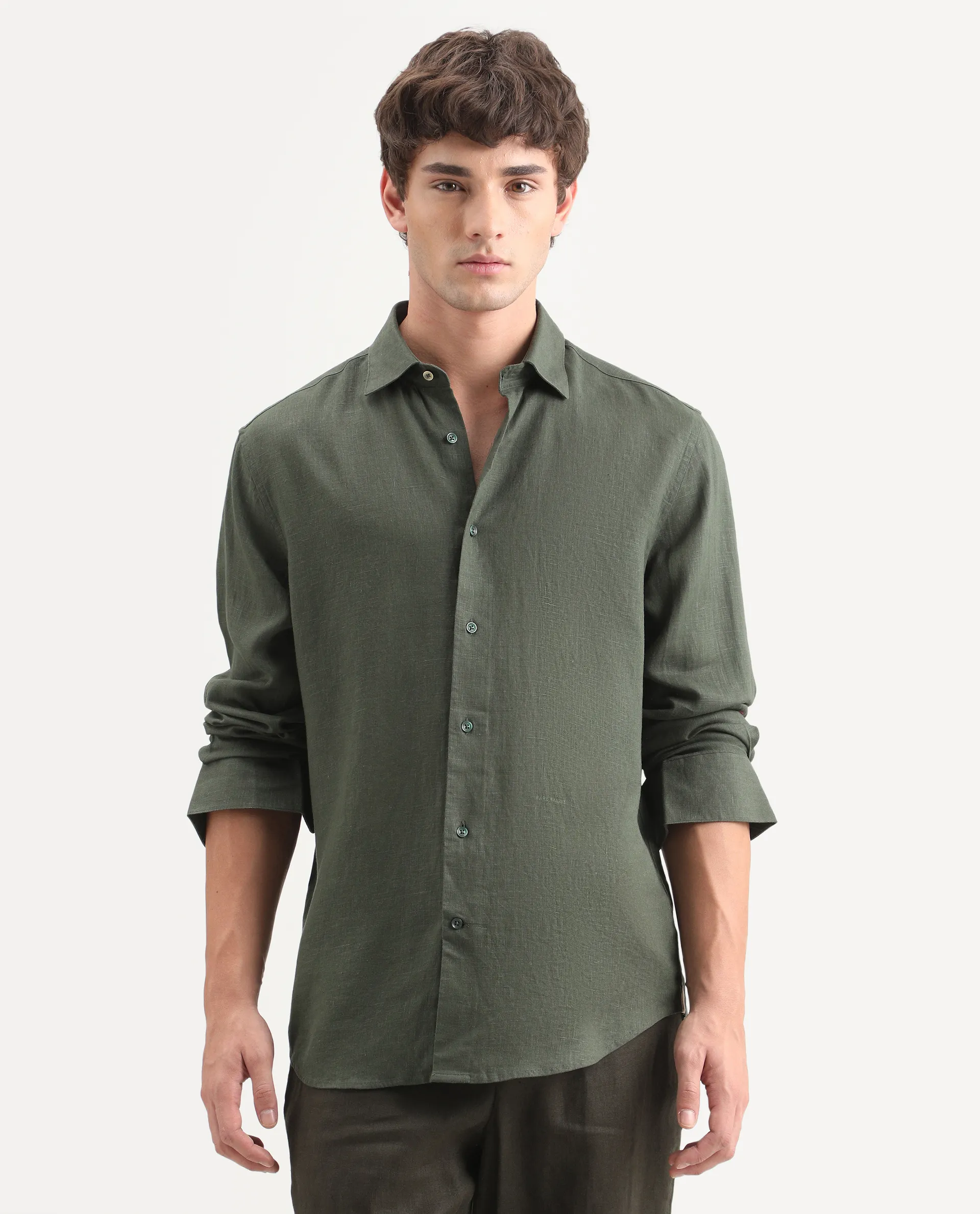 Rare Rabbit Men's Lewan-Ls Dark Green Linen Blend Spread Collar Regular Plain Shirt - Image 6