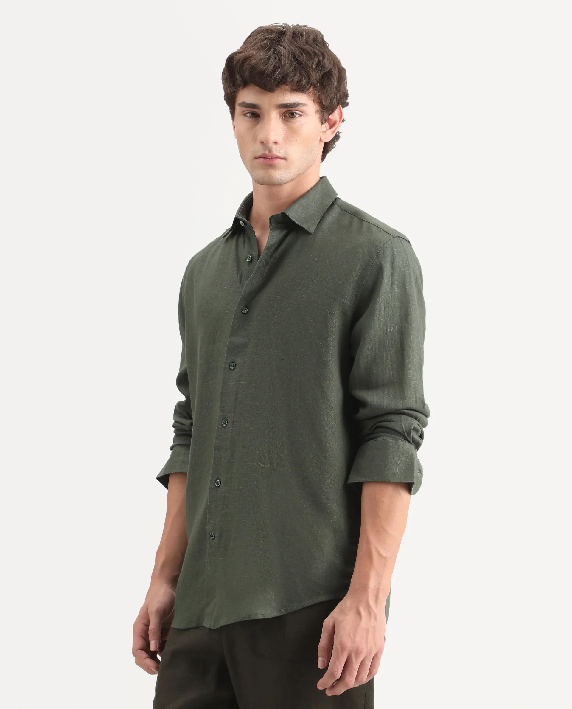 Rare Rabbit Men's Lewan-Ls Dark Green Linen Blend Spread Collar Regular Plain Shirt - Image 7