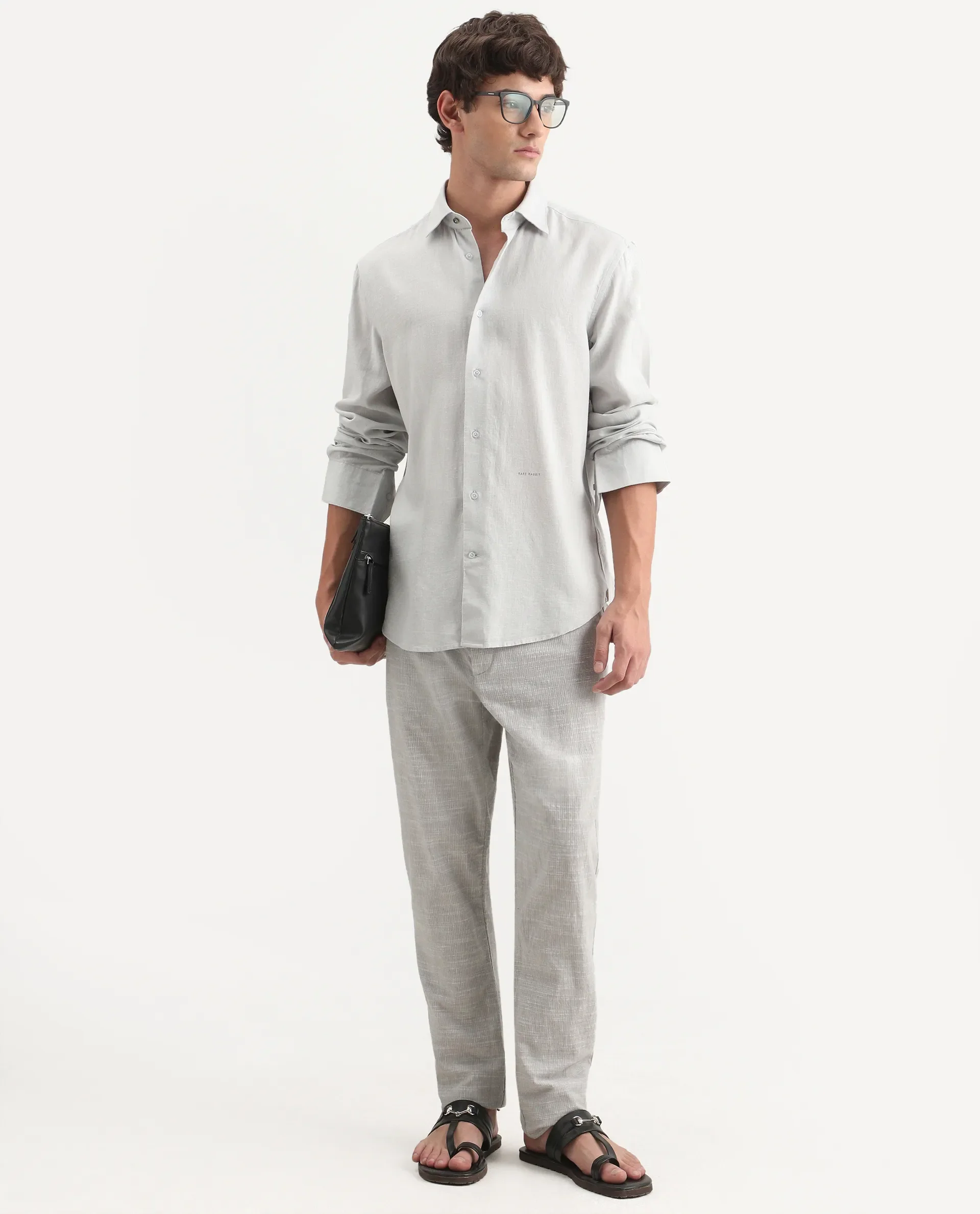 Rare Rabbit Men's Lewan-Ls Dusky Blue Linen Blend Spread Collar Regular Plain Shirt - Image 2