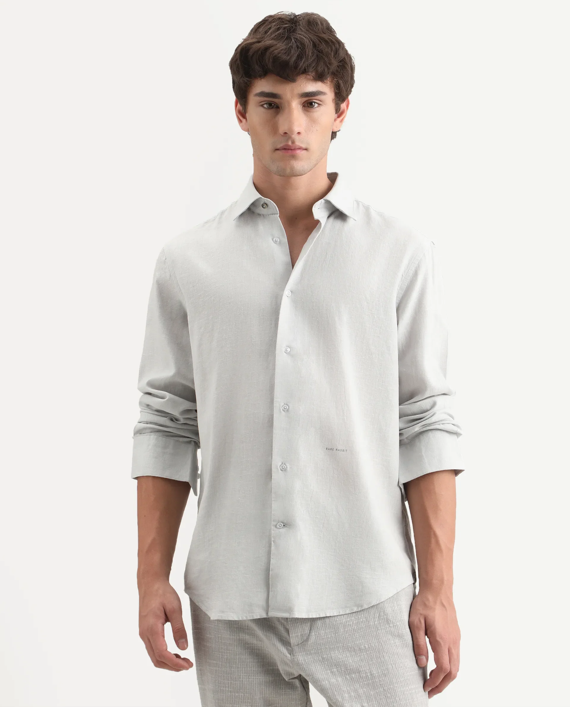 Rare Rabbit Men's Lewan-Ls Dusky Blue Linen Blend Spread Collar Regular Plain Shirt - Image 4