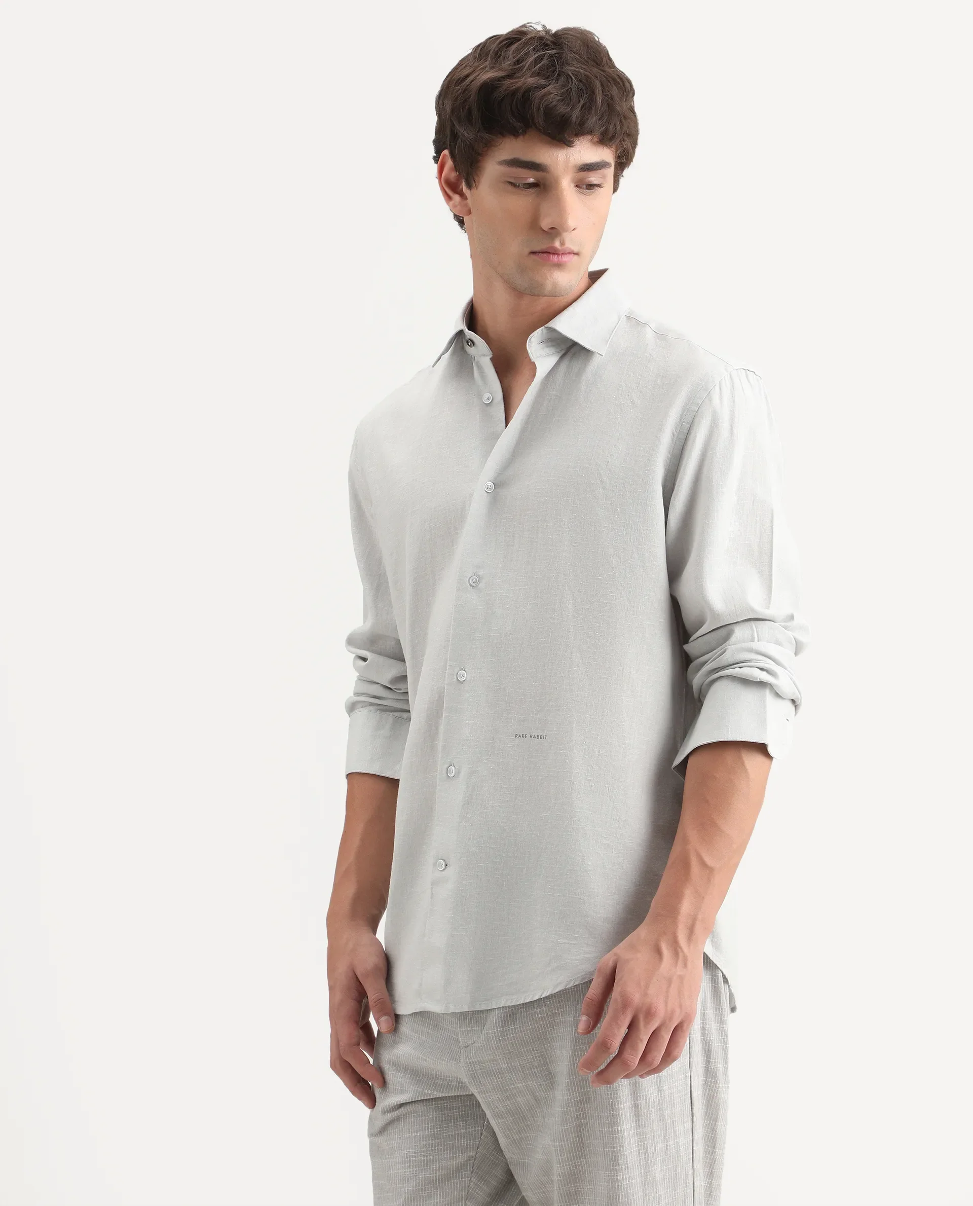 Rare Rabbit Men's Lewan-Ls Dusky Blue Linen Blend Spread Collar Regular Plain Shirt - Image 5