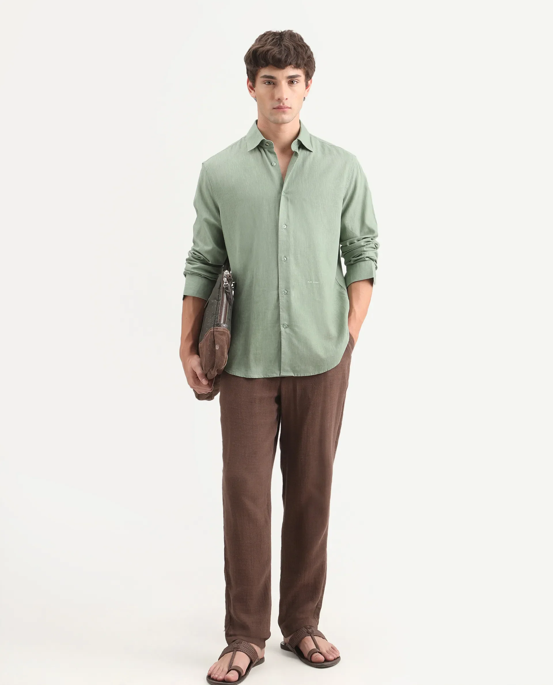 Rare Rabbit Men's Lewan-Ls Dusky Green Linen Blend Spread Collar Regular Plain Shirt - Image 2