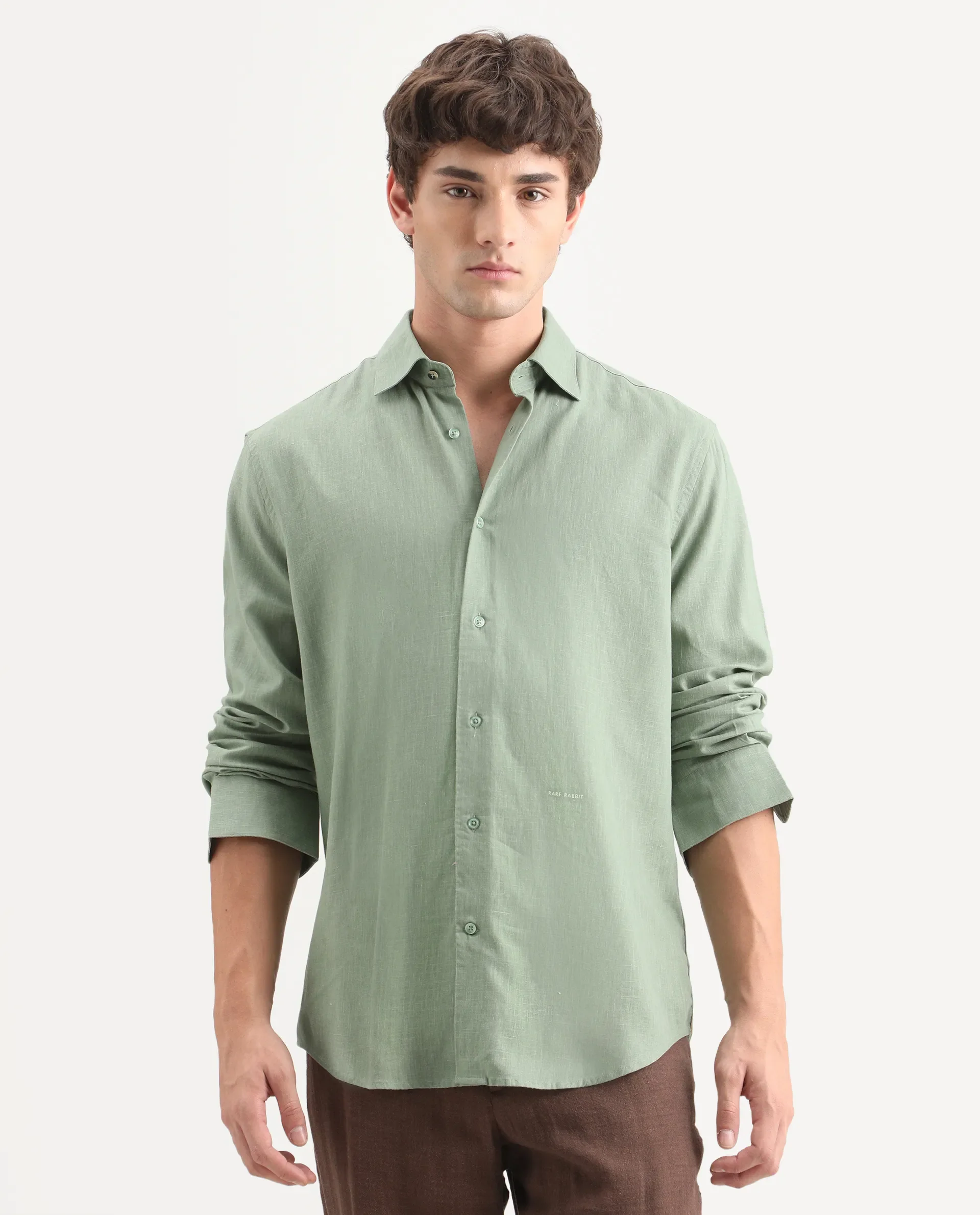 Rare Rabbit Men's Lewan-Ls Dusky Green Linen Blend Spread Collar Regular Plain Shirt - Image 5