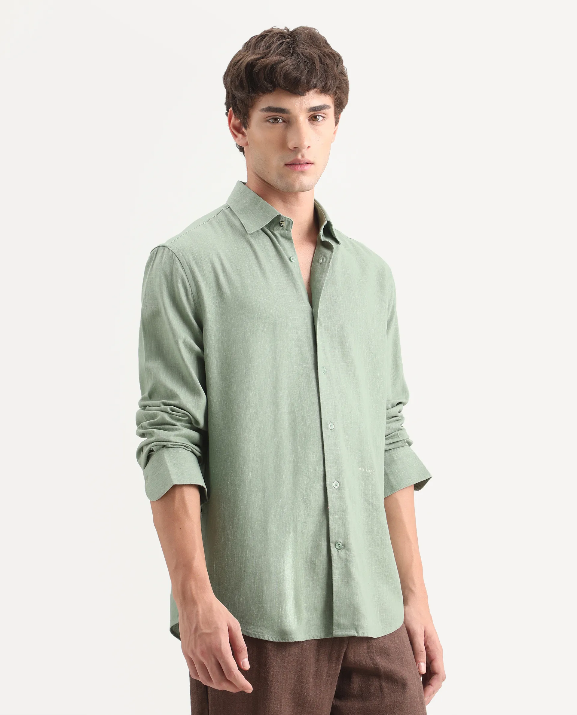 Rare Rabbit Men's Lewan-Ls Dusky Green Linen Blend Spread Collar Regular Plain Shirt - Image 6