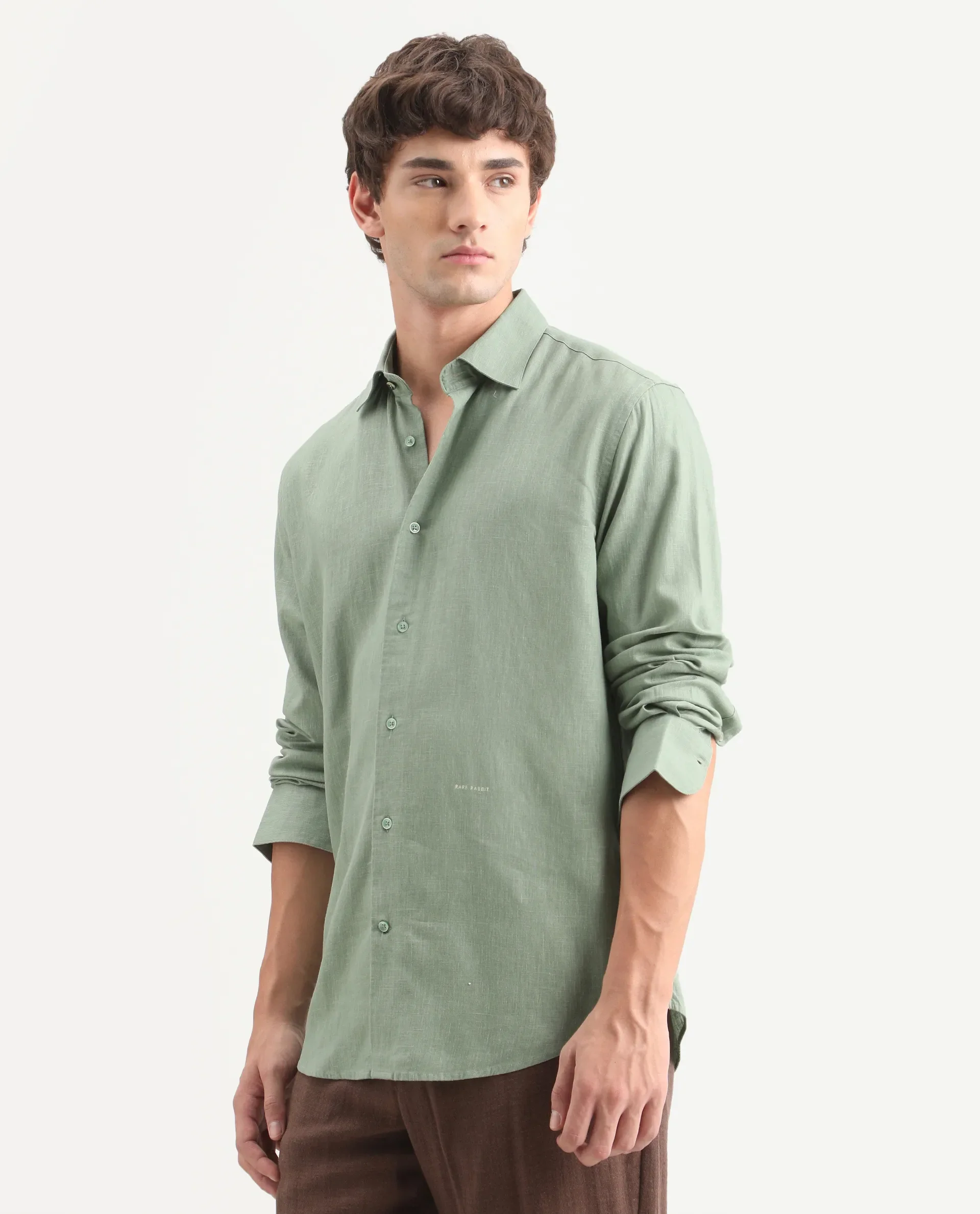 Rare Rabbit Men's Lewan-Ls Dusky Green Linen Blend Spread Collar Regular Plain Shirt - Image 7