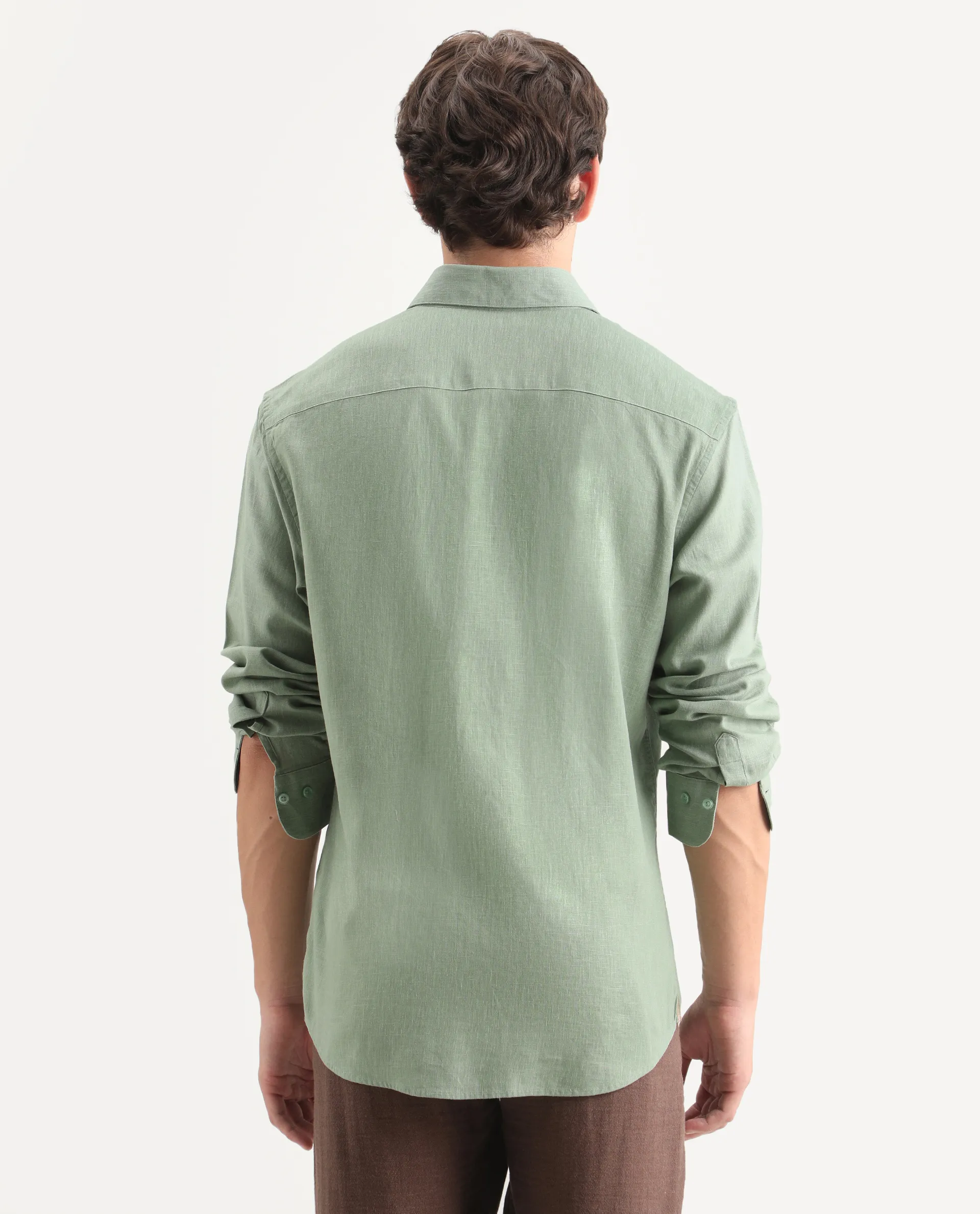 Rare Rabbit Men's Lewan-Ls Dusky Green Linen Blend Spread Collar Regular Plain Shirt - Image 8