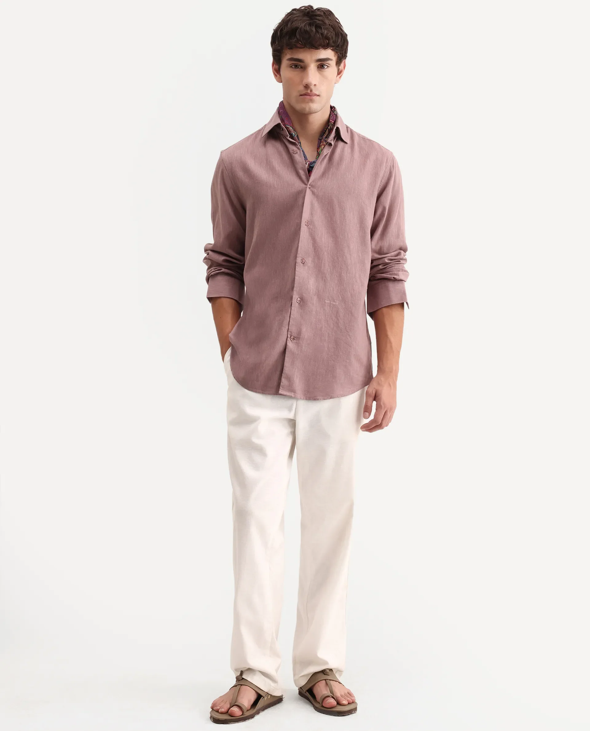 Rare Rabbit Men's Lewan-Ls Dusky Purple Linen Blend Spread Collar Regular Plain Shirt - Image 2