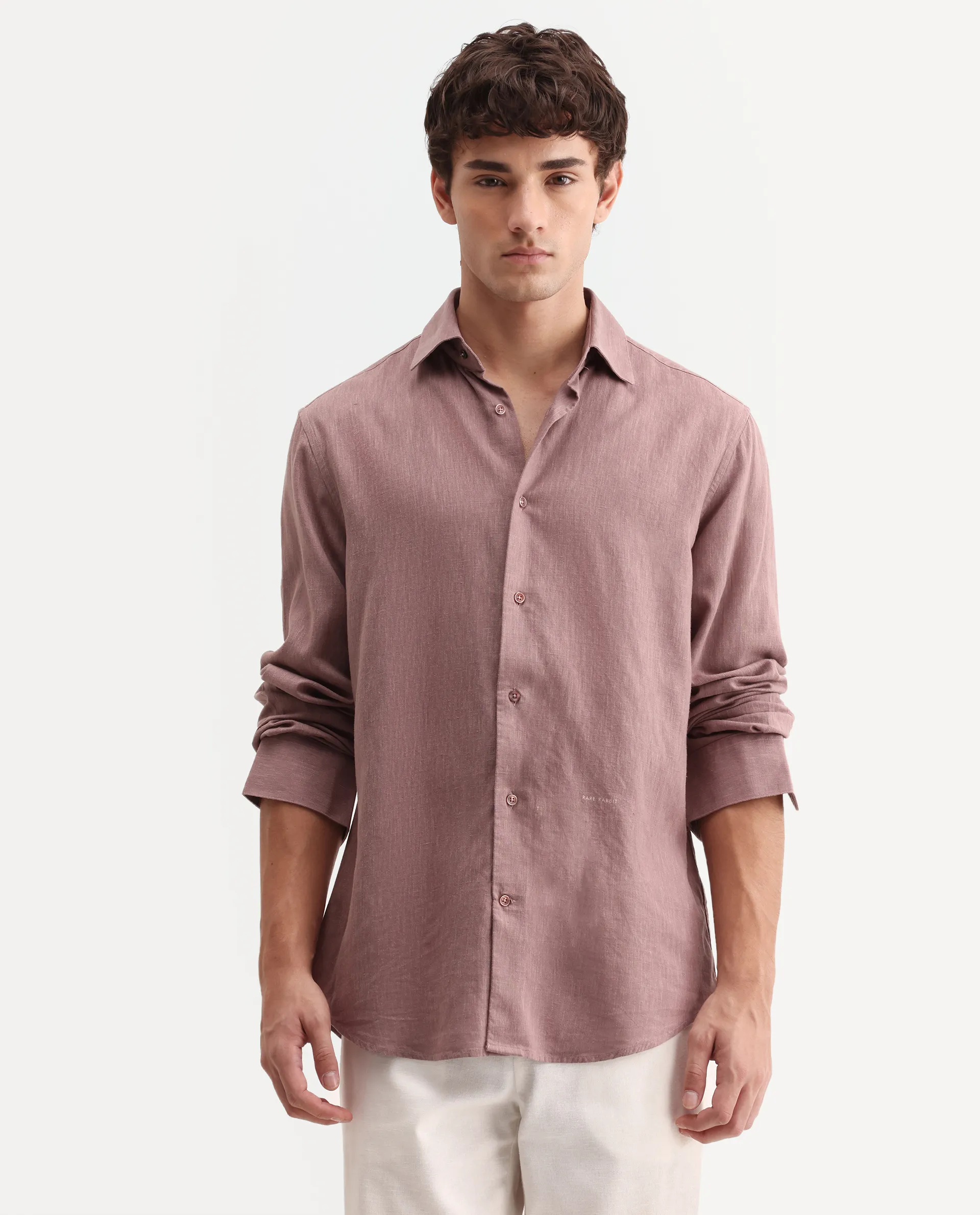 Rare Rabbit Men's Lewan-Ls Dusky Purple Linen Blend Spread Collar Regular Plain Shirt - Image 4
