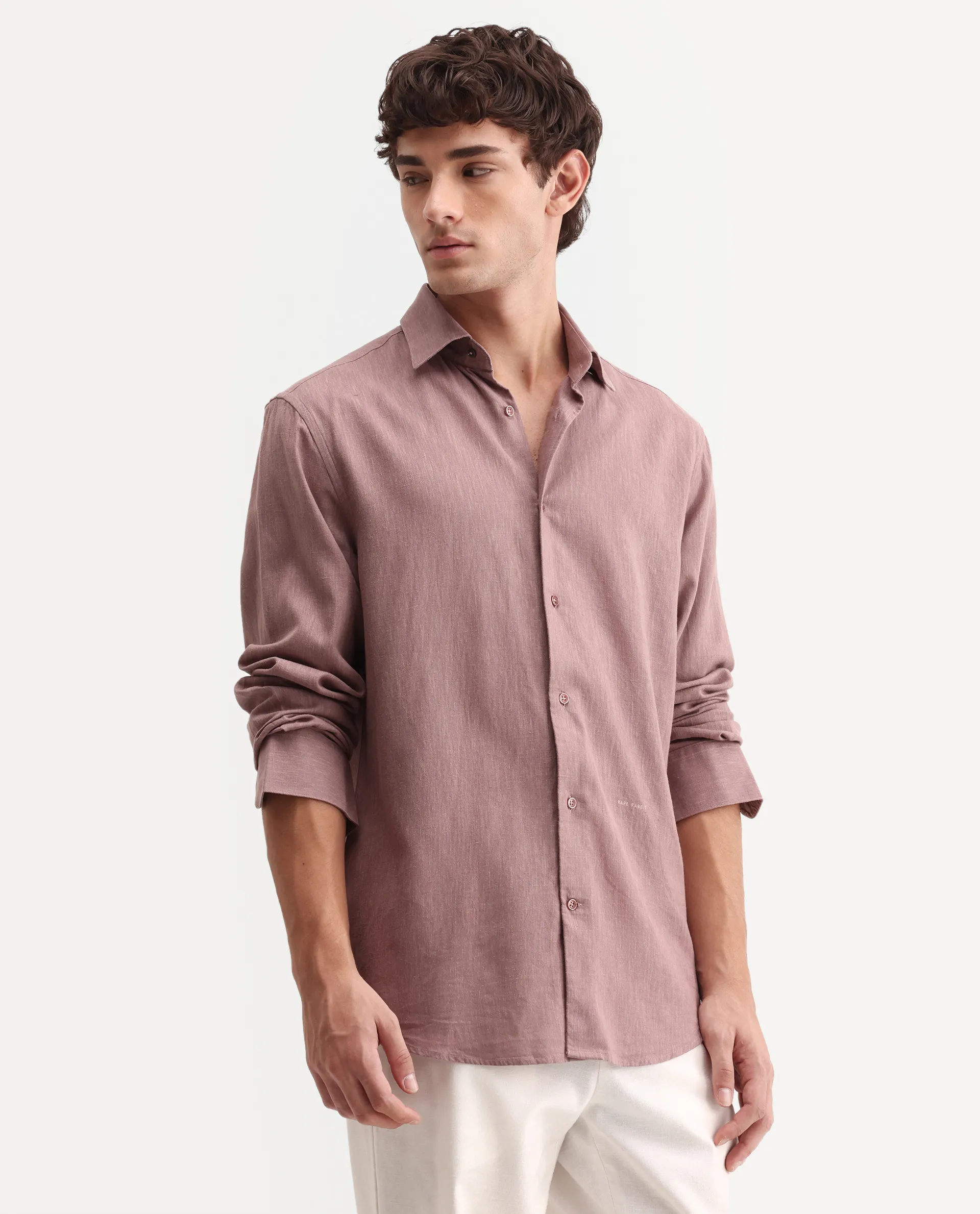 Rare Rabbit Men's Lewan-Ls Dusky Purple Linen Blend Spread Collar Regular Plain Shirt - Image 5
