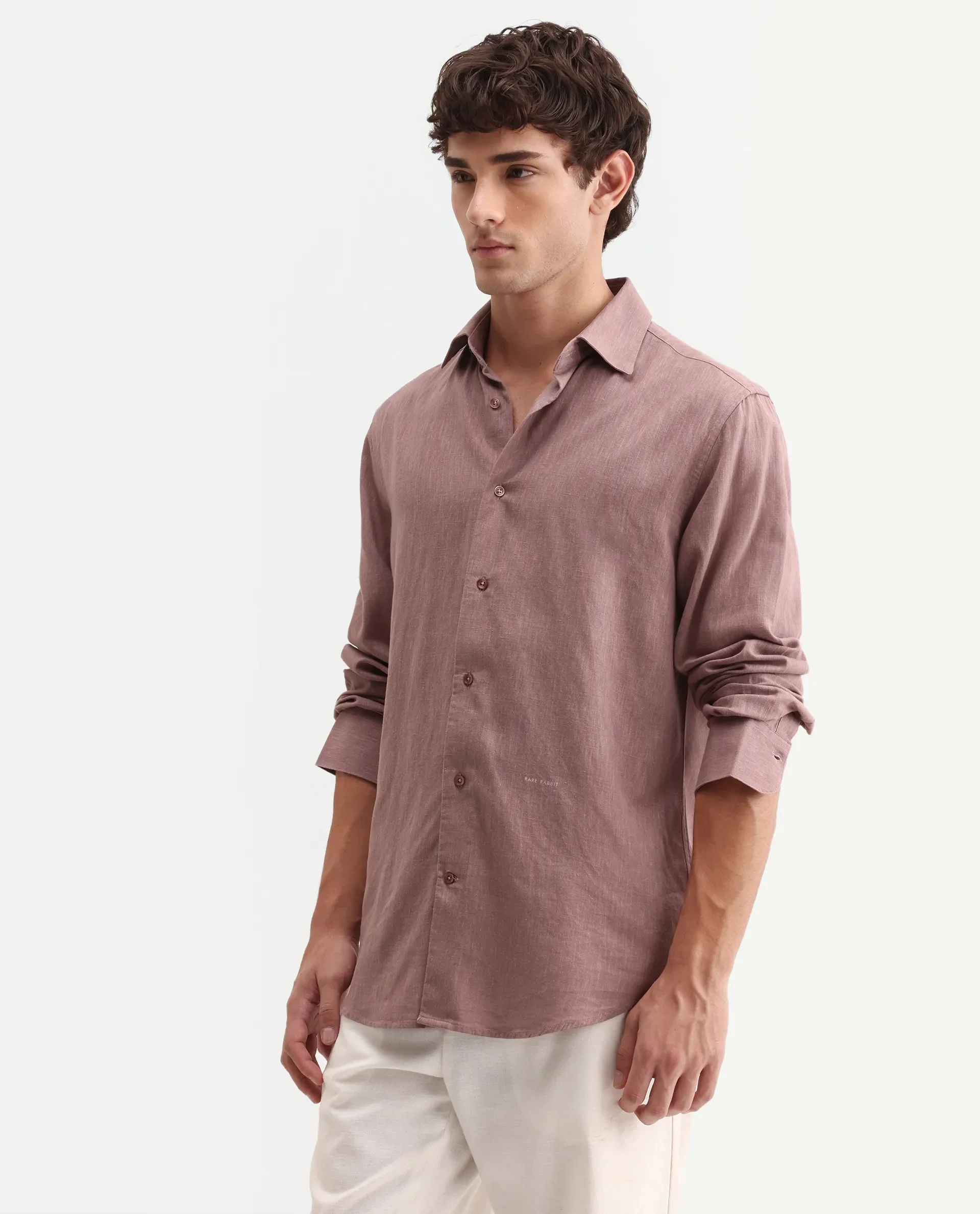 Rare Rabbit Men's Lewan-Ls Dusky Purple Linen Blend Spread Collar Regular Plain Shirt - Image 6
