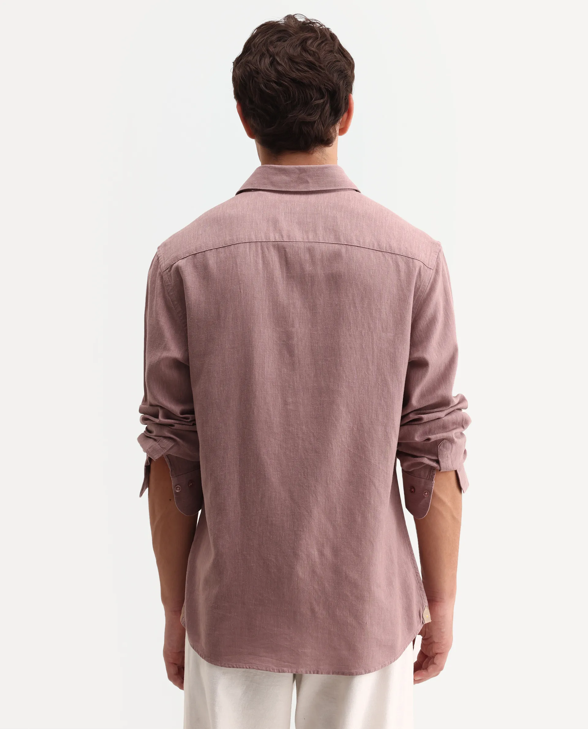 Rare Rabbit Men's Lewan-Ls Dusky Purple Linen Blend Spread Collar Regular Plain Shirt - Image 7