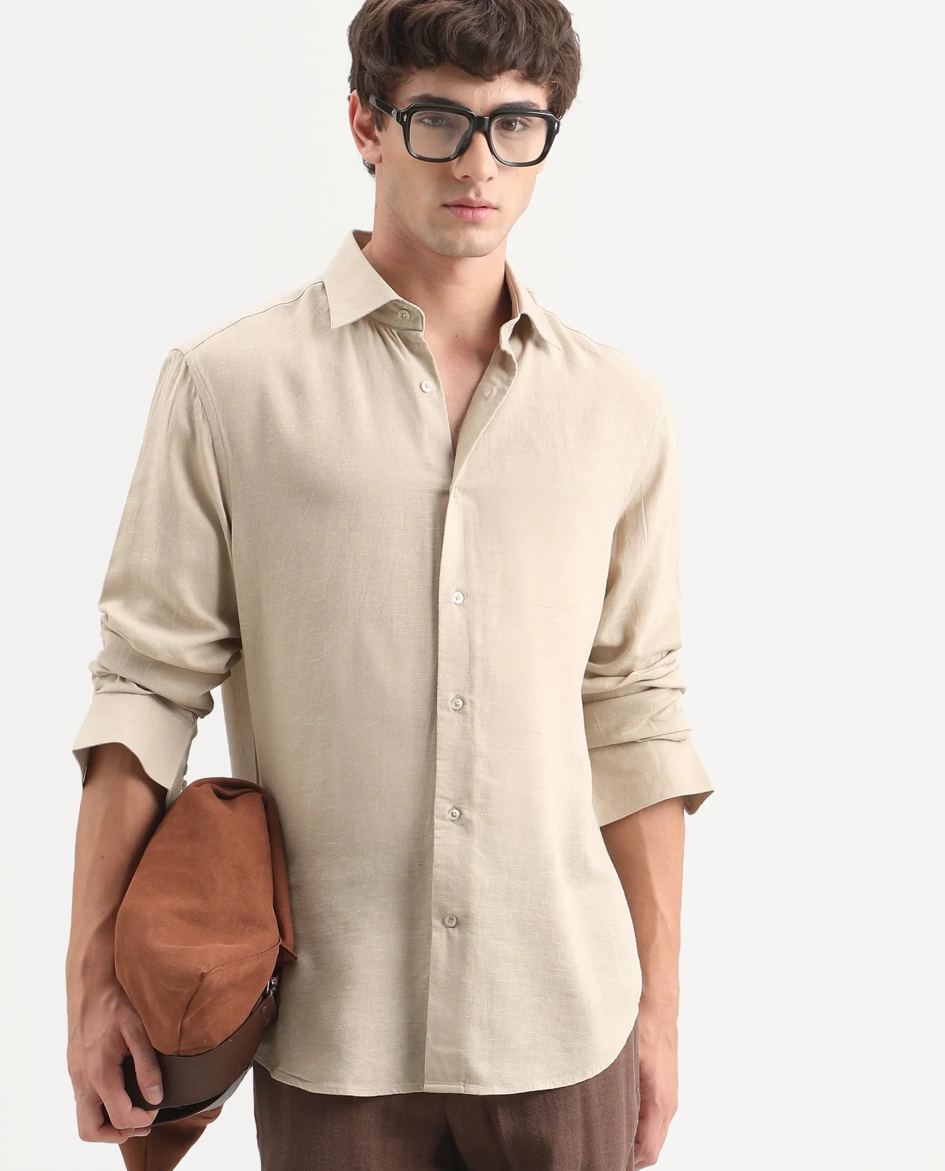 Rare Rabbit Men's Lewan-Ls Khaki Linen Blend Spread Collar Regular Plain Shirt