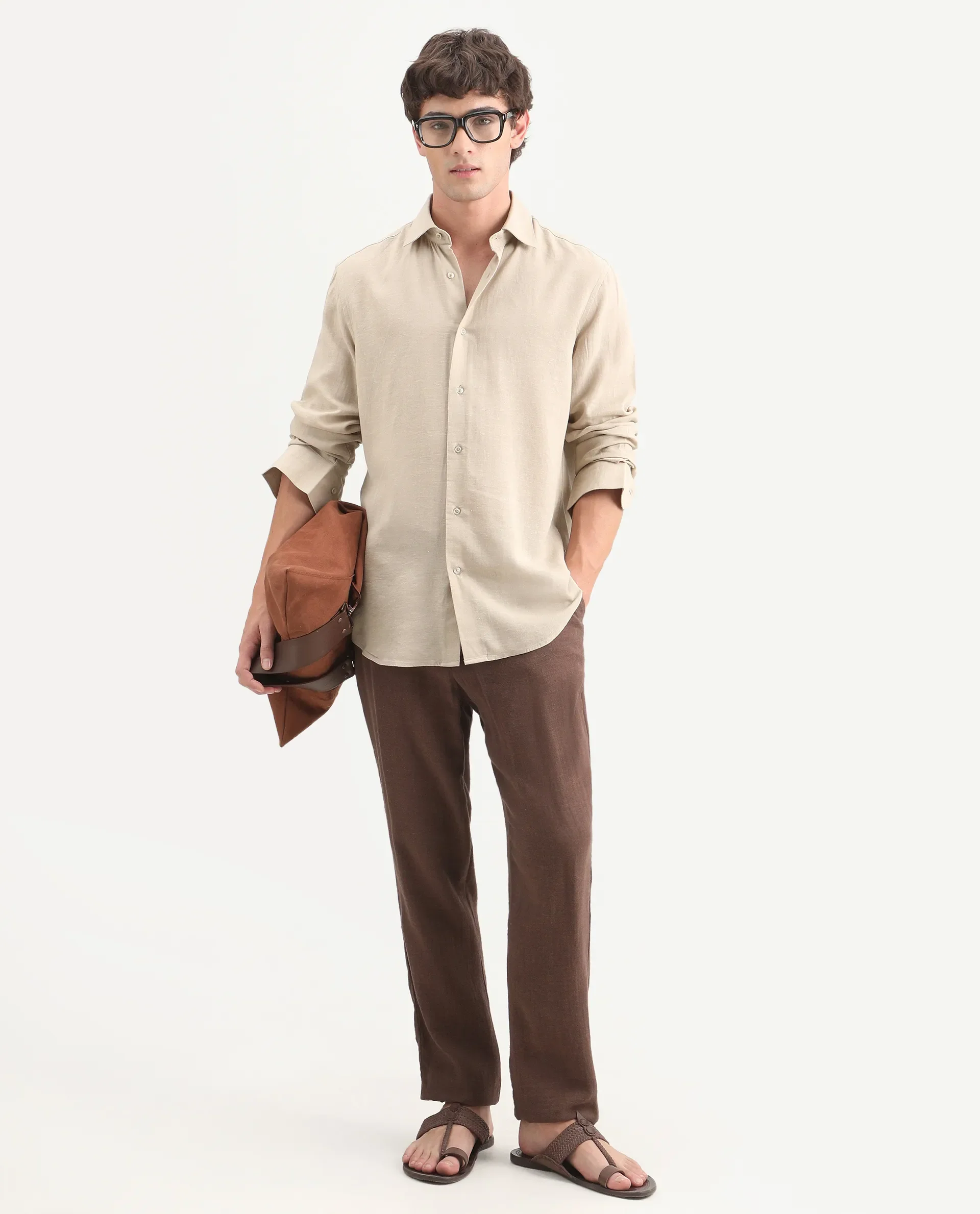 Rare Rabbit Men's Lewan-Ls Khaki Linen Blend Spread Collar Regular Plain Shirt - Image 2