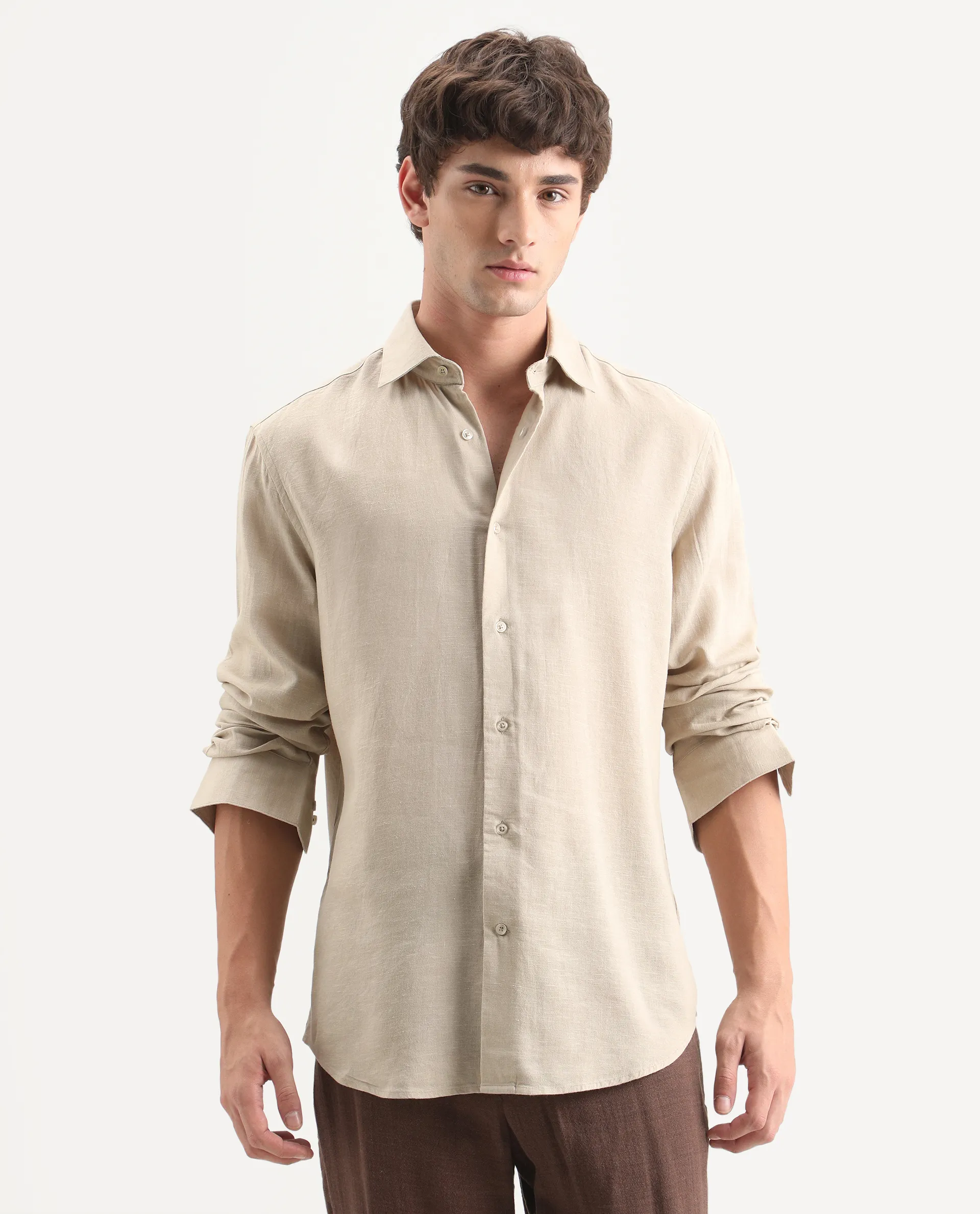 Rare Rabbit Men's Lewan-Ls Khaki Linen Blend Spread Collar Regular Plain Shirt - Image 4