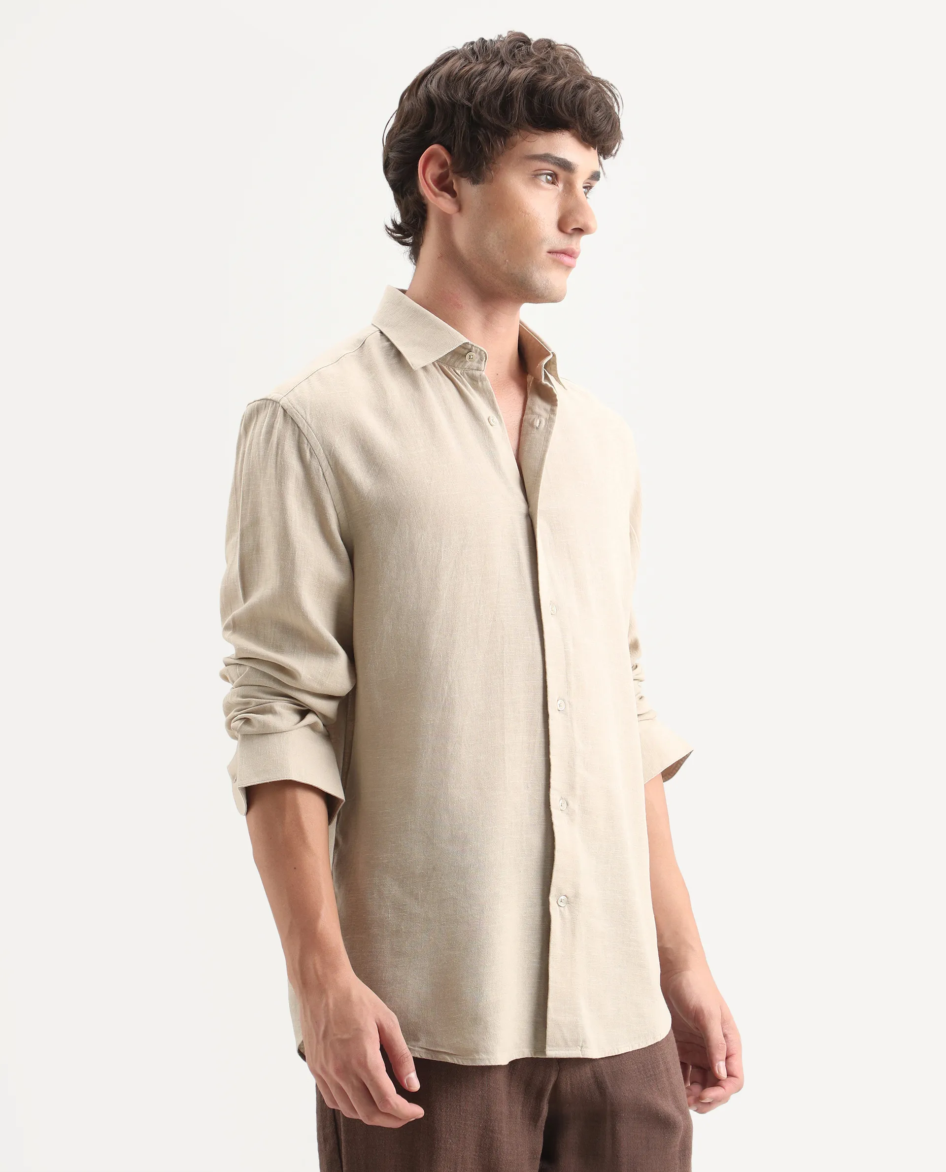 Rare Rabbit Men's Lewan-Ls Khaki Linen Blend Spread Collar Regular Plain Shirt - Image 5