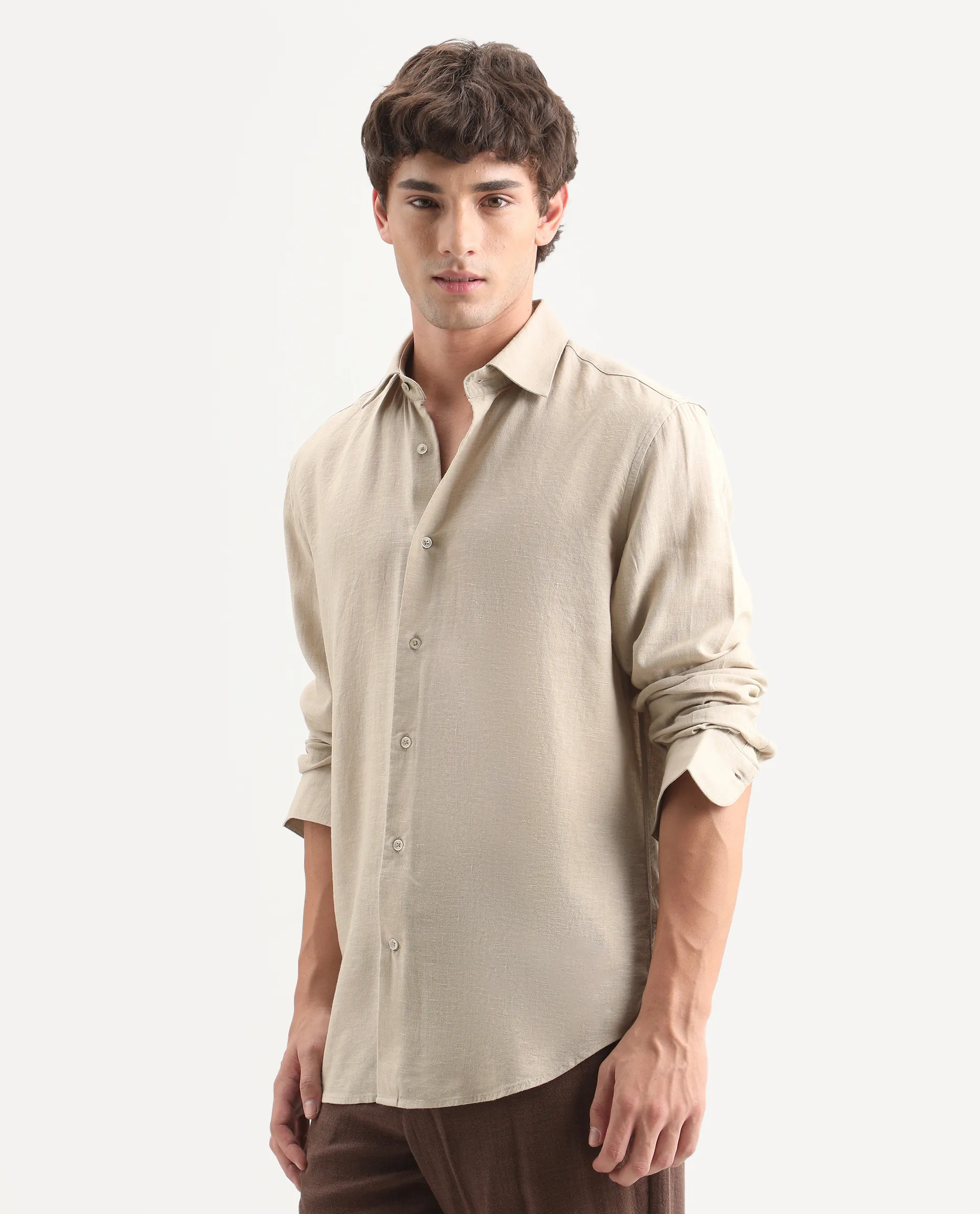 Rare Rabbit Men's Lewan-Ls Khaki Linen Blend Spread Collar Regular Plain Shirt - Image 6