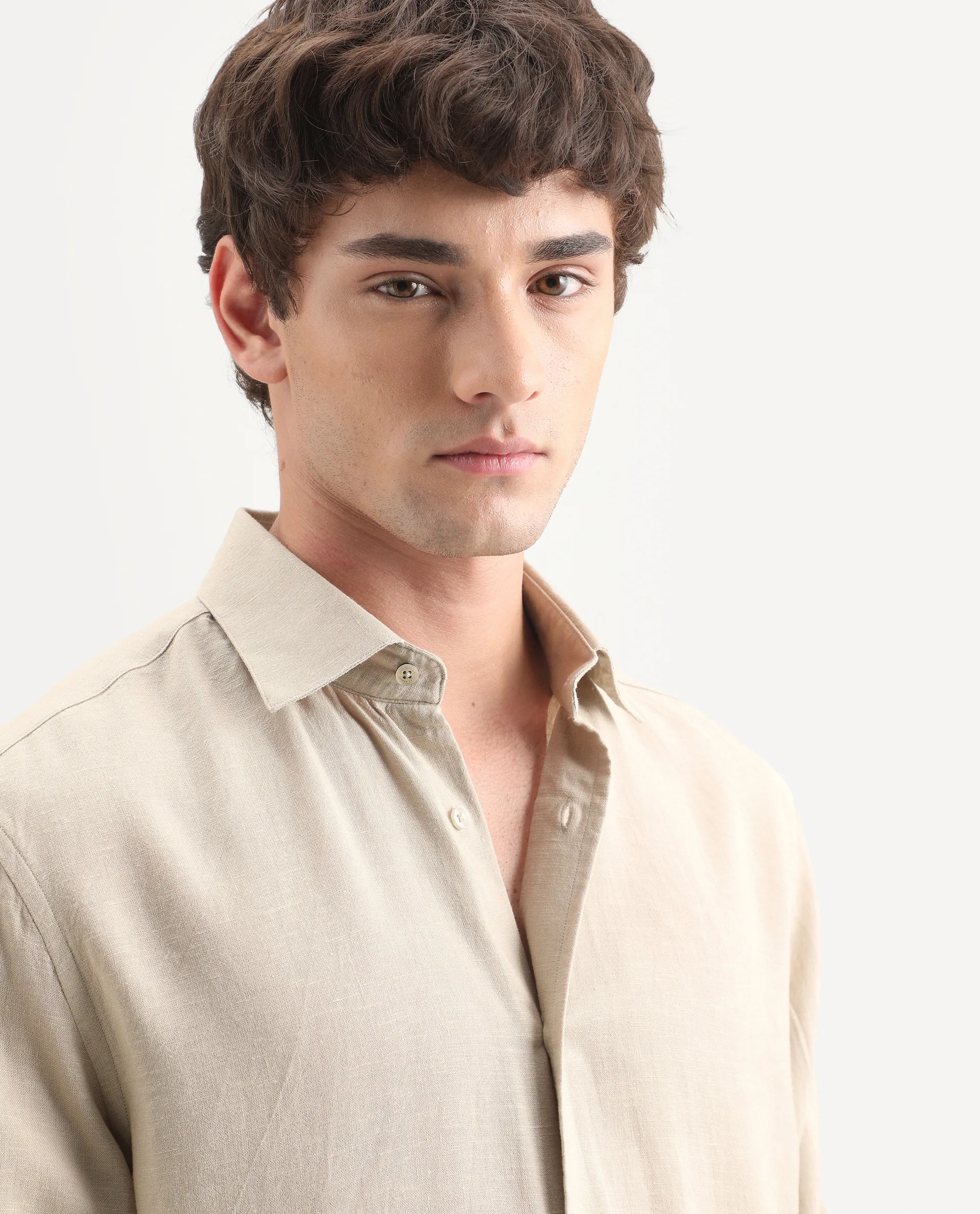 Rare Rabbit Men's Lewan-Ls Khaki Linen Blend Spread Collar Regular Plain Shirt - Image 7