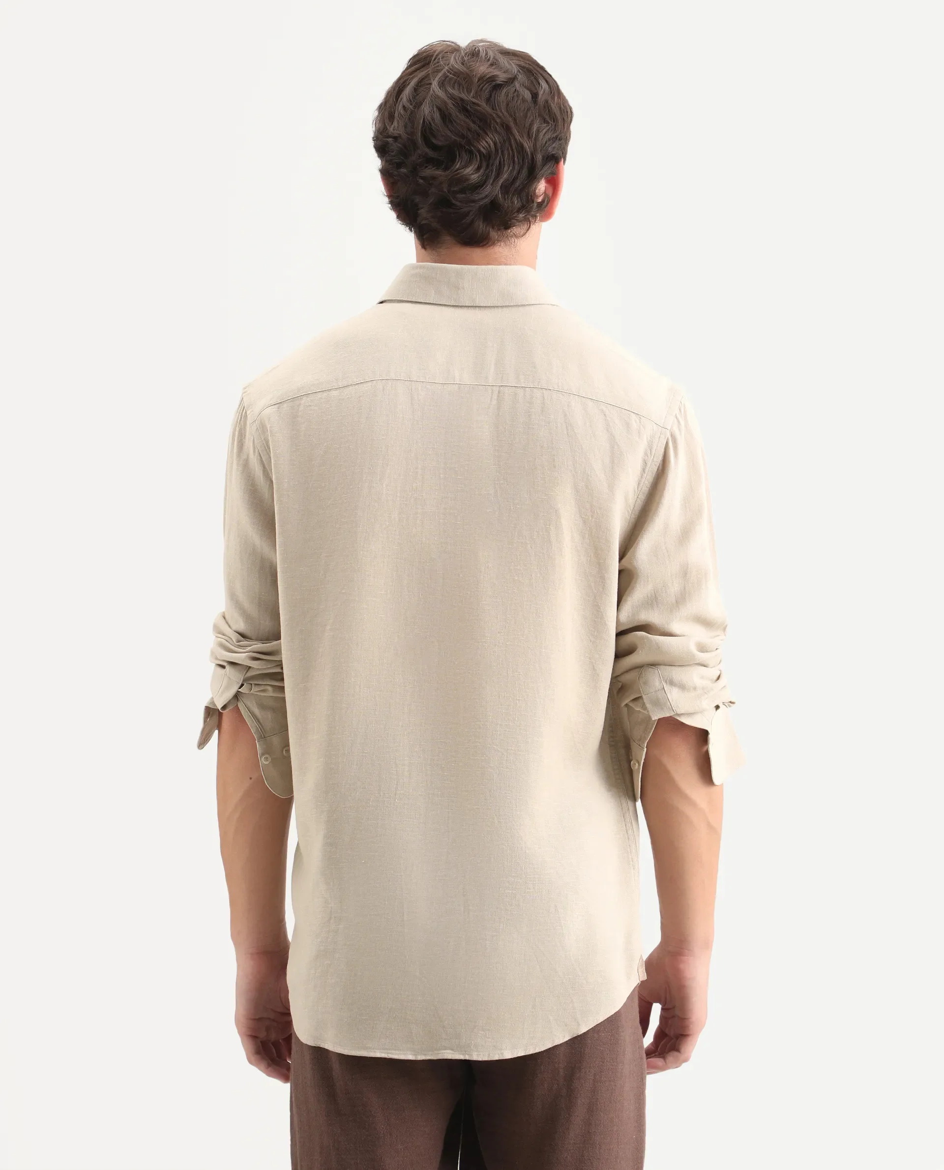 Rare Rabbit Men's Lewan-Ls Khaki Linen Blend Spread Collar Regular Plain Shirt - Image 8