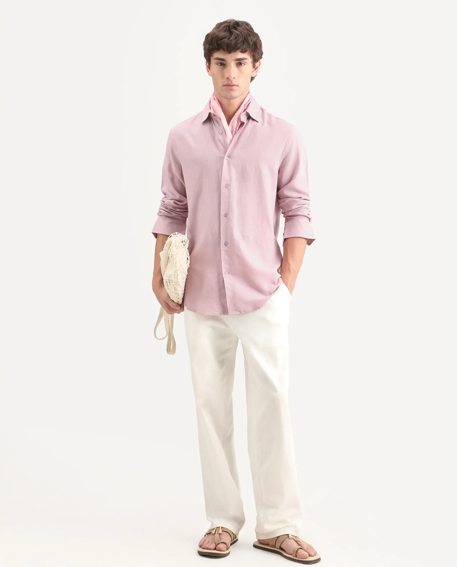 Rare Rabbit Men's Lewan-Ls Light Pink Linen Blend Spread Collar Regular Plain Shirt - Image 2