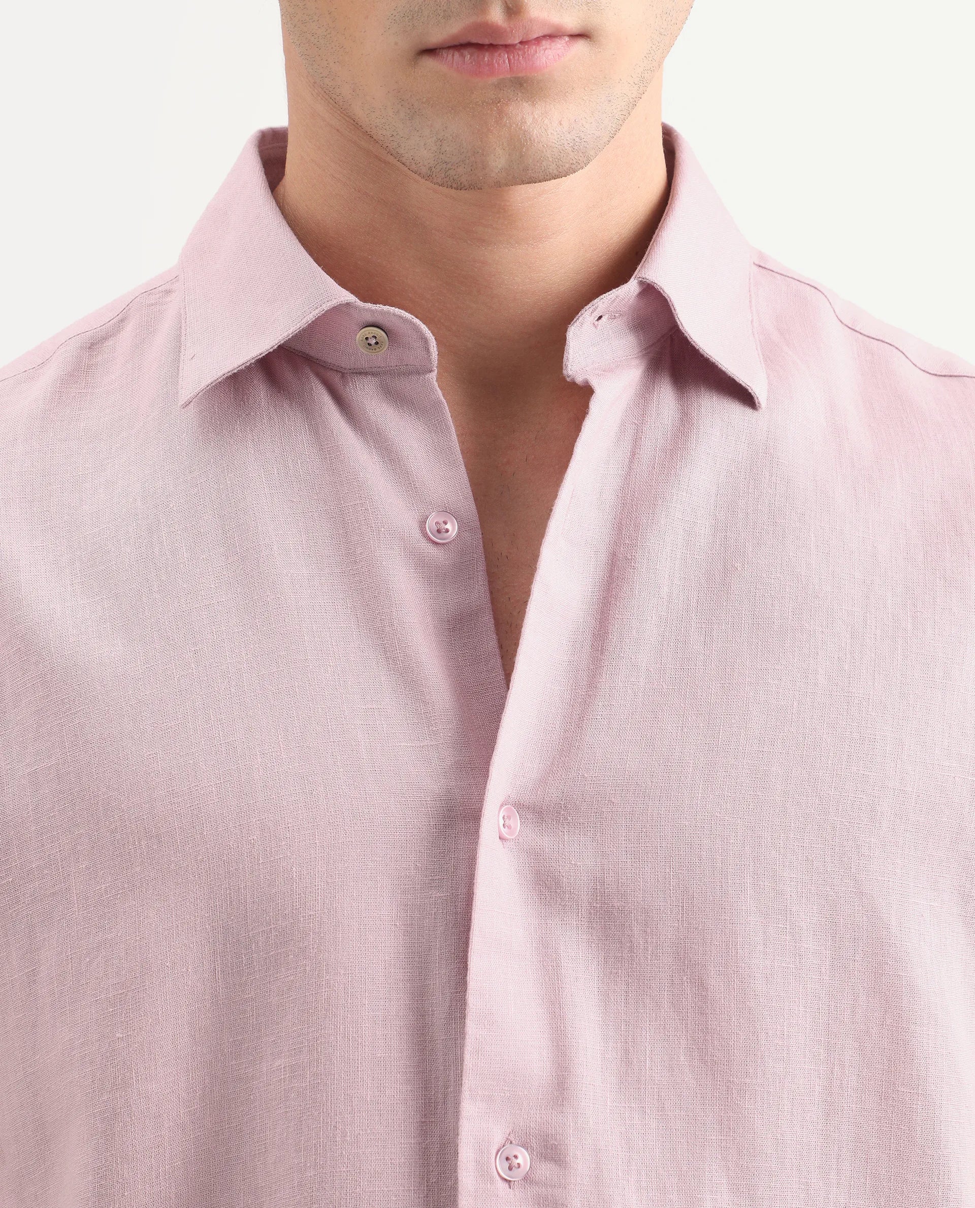 Rare Rabbit Men's Lewan-Ls Light Pink Linen Blend Spread Collar Regular Plain Shirt - Image 3