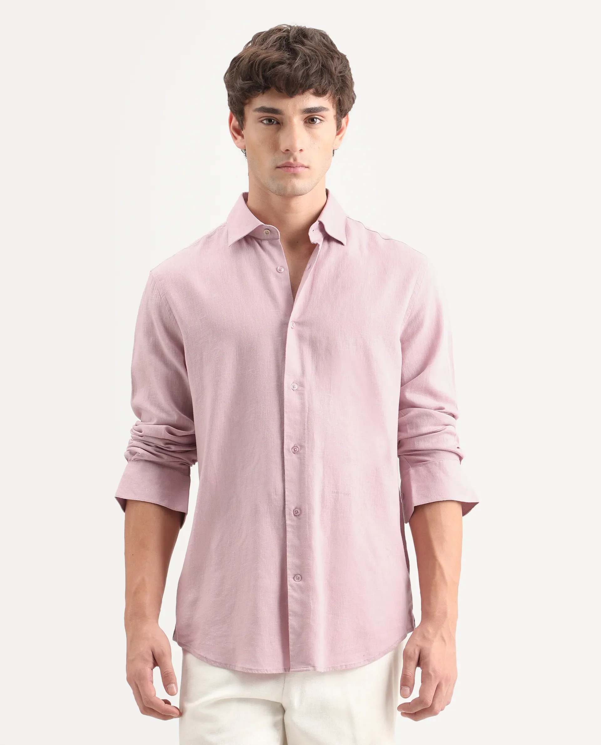 Rare Rabbit Men's Lewan-Ls Light Pink Linen Blend Spread Collar Regular Plain Shirt - Image 4