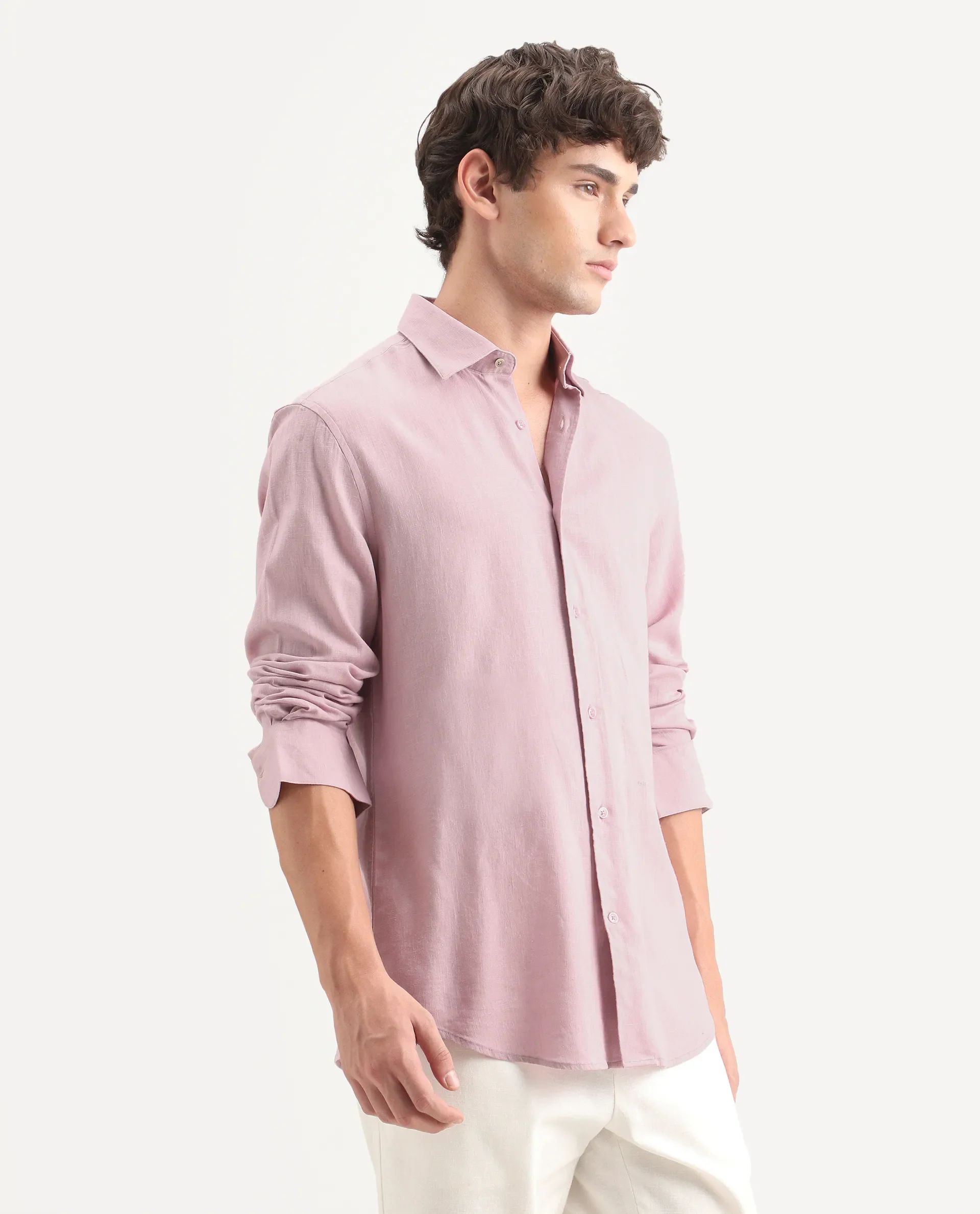 Rare Rabbit Men's Lewan-Ls Light Pink Linen Blend Spread Collar Regular Plain Shirt - Image 5