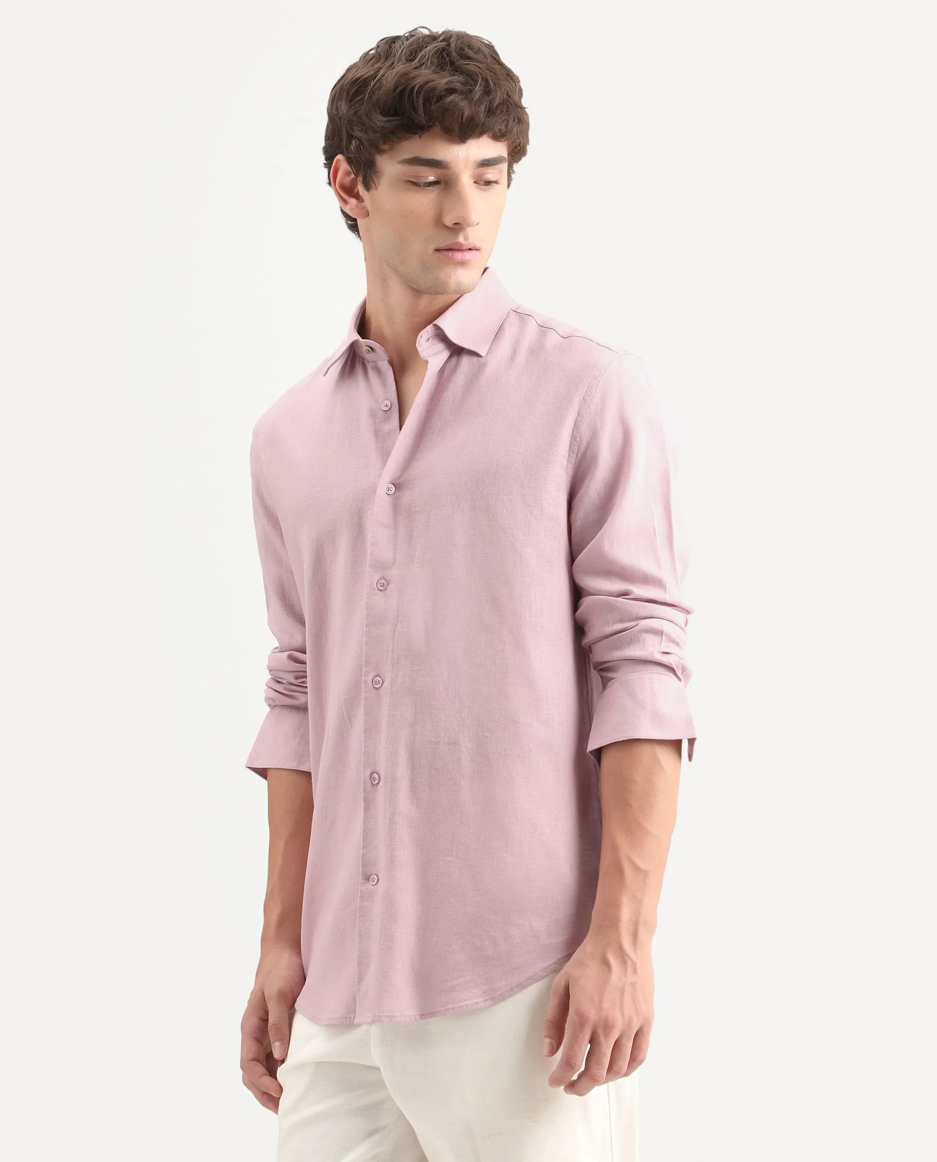 Rare Rabbit Men's Lewan-Ls Light Pink Linen Blend Spread Collar Regular Plain Shirt - Image 6