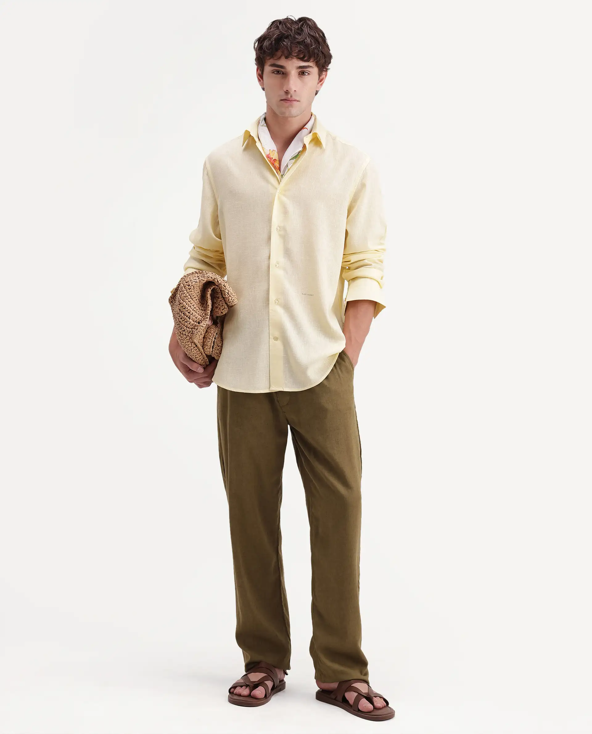 Rare Rabbit Men's Lewan-Ls Light Yellow Linen Blend Spread Collar Regular Plain Shirt - Image 2