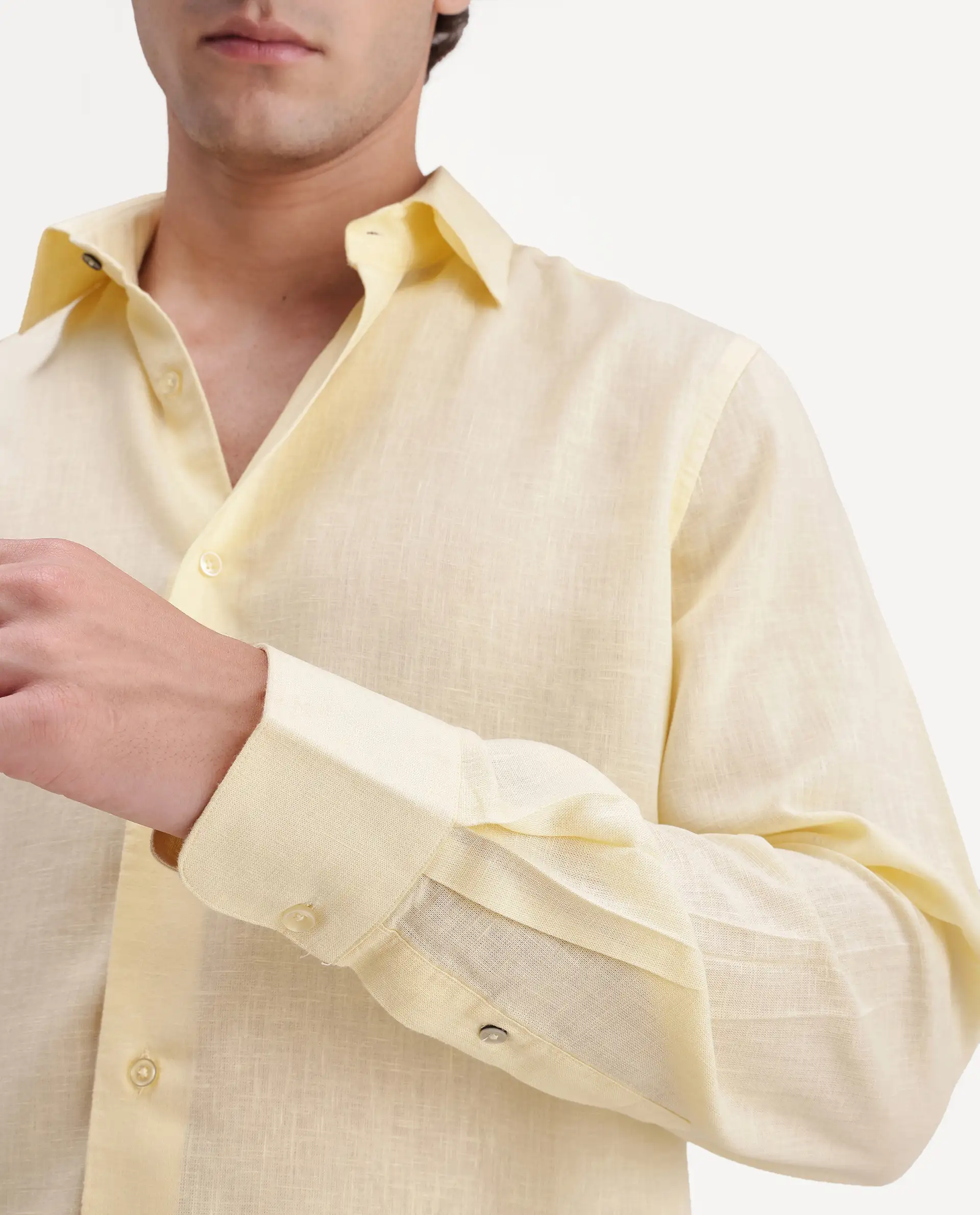 Rare Rabbit Men's Lewan-Ls Light Yellow Linen Blend Spread Collar Regular Plain Shirt - Image 3