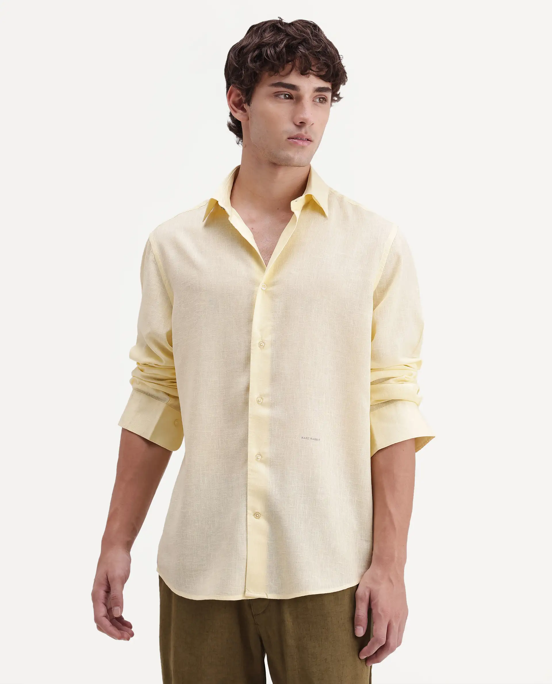 Rare Rabbit Men's Lewan-Ls Light Yellow Linen Blend Spread Collar Regular Plain Shirt - Image 4
