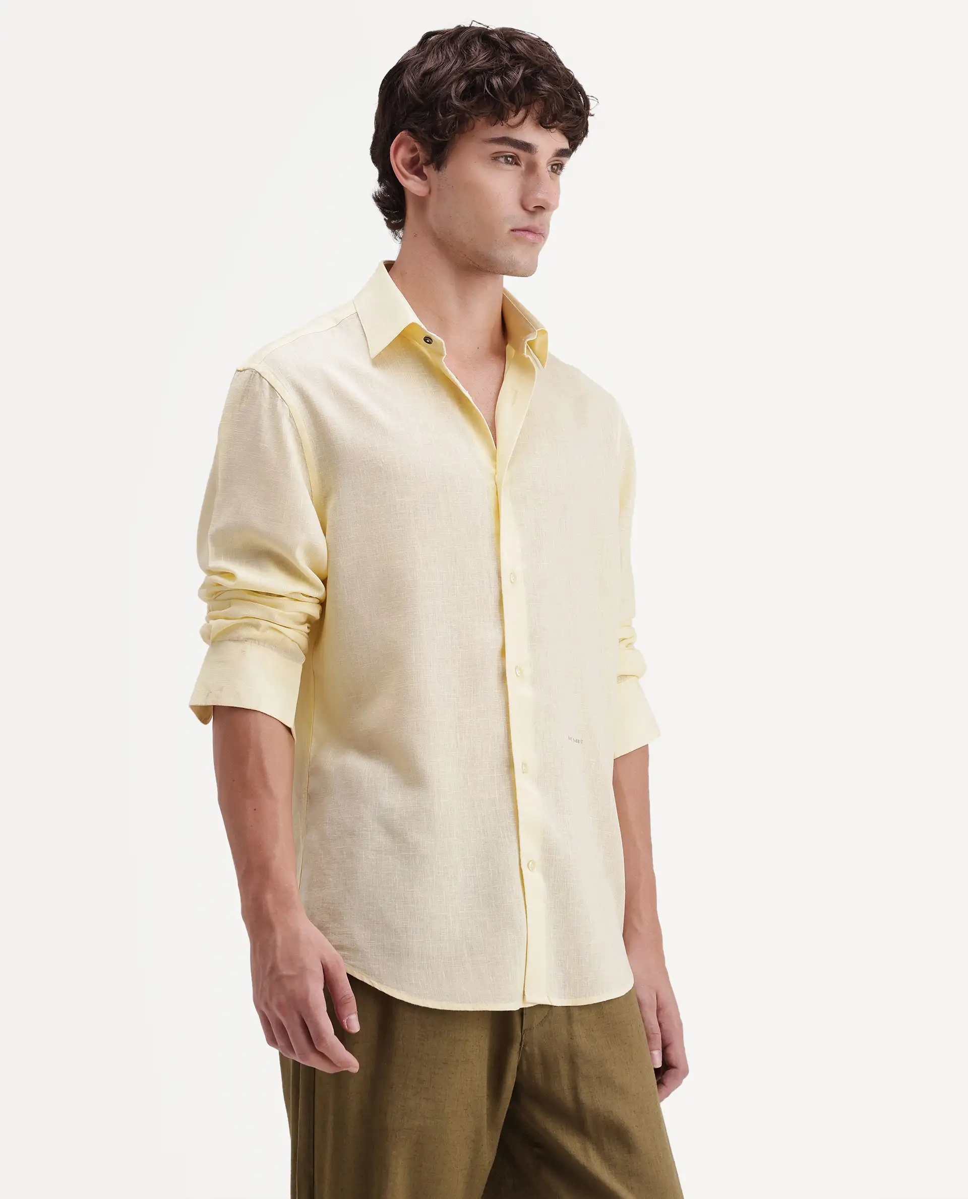 Rare Rabbit Men's Lewan-Ls Light Yellow Linen Blend Spread Collar Regular Plain Shirt - Image 5