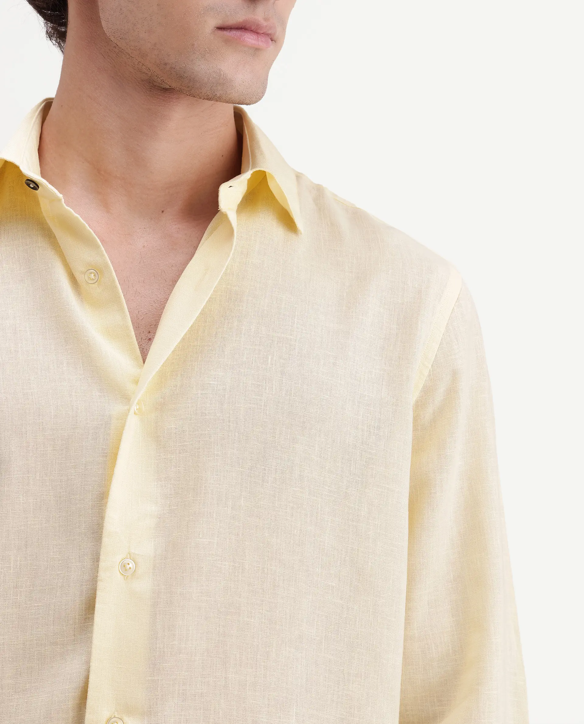 Rare Rabbit Men's Lewan-Ls Light Yellow Linen Blend Spread Collar Regular Plain Shirt - Image 6