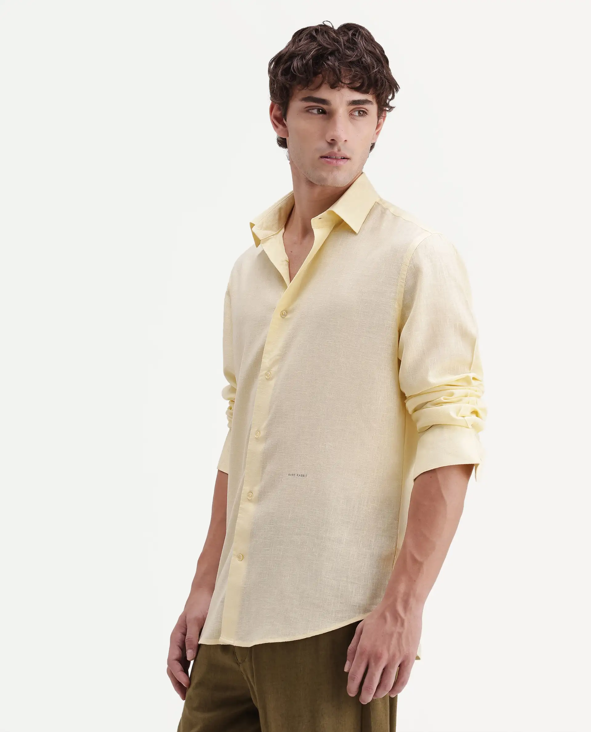 Rare Rabbit Men's Lewan-Ls Light Yellow Linen Blend Spread Collar Regular Plain Shirt - Image 7