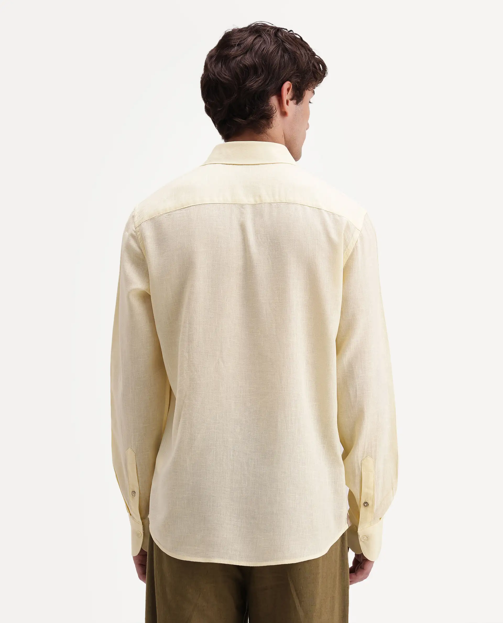 Rare Rabbit Men's Lewan-Ls Light Yellow Linen Blend Spread Collar Regular Plain Shirt - Image 8