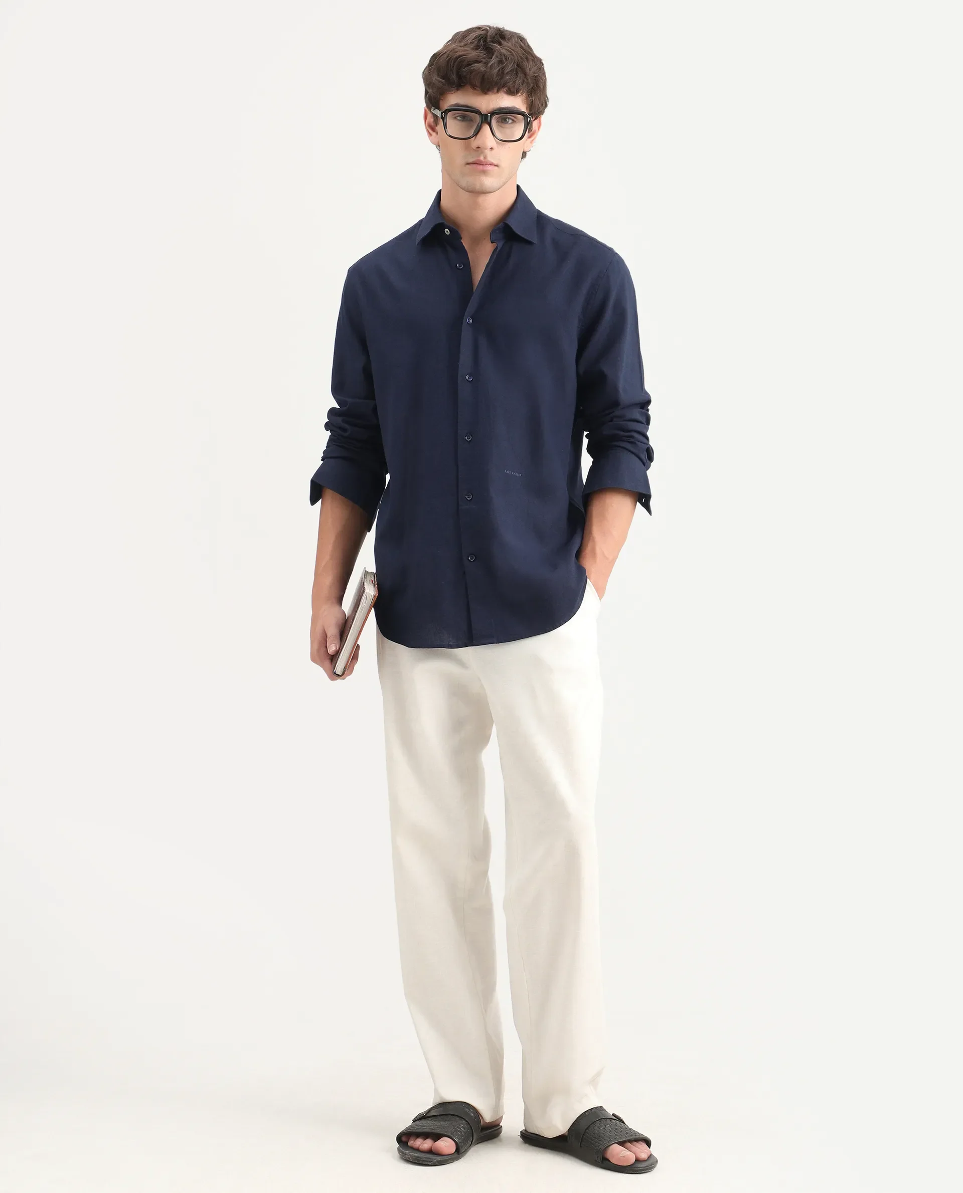 Rare Rabbit Men's Lewan-Ls Navy Linen Blend Spread Collar Regular Plain Shirt - Image 2