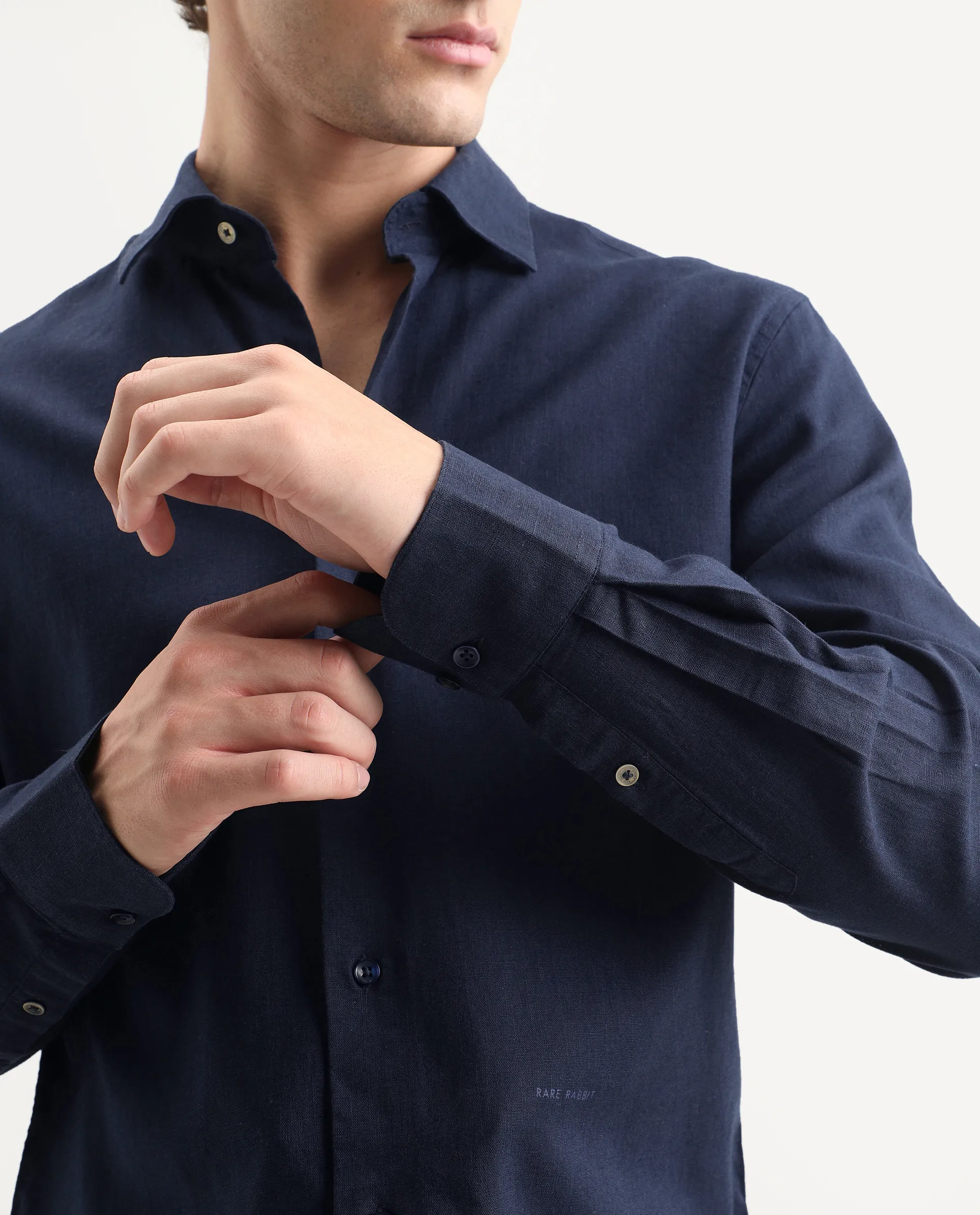 Rare Rabbit Men's Lewan-Ls Navy Linen Blend Spread Collar Regular Plain Shirt - Image 3